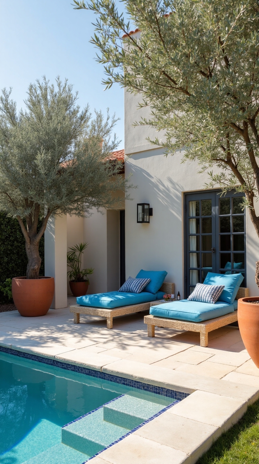 relaxing mediterranean inspired patio with terracotta and blue