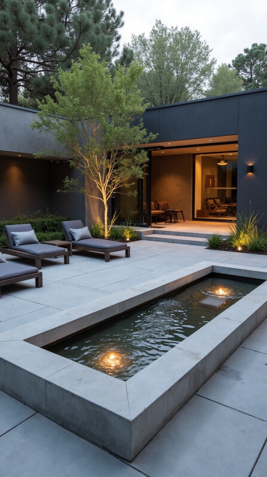 relaxing outdoor concrete patio water features