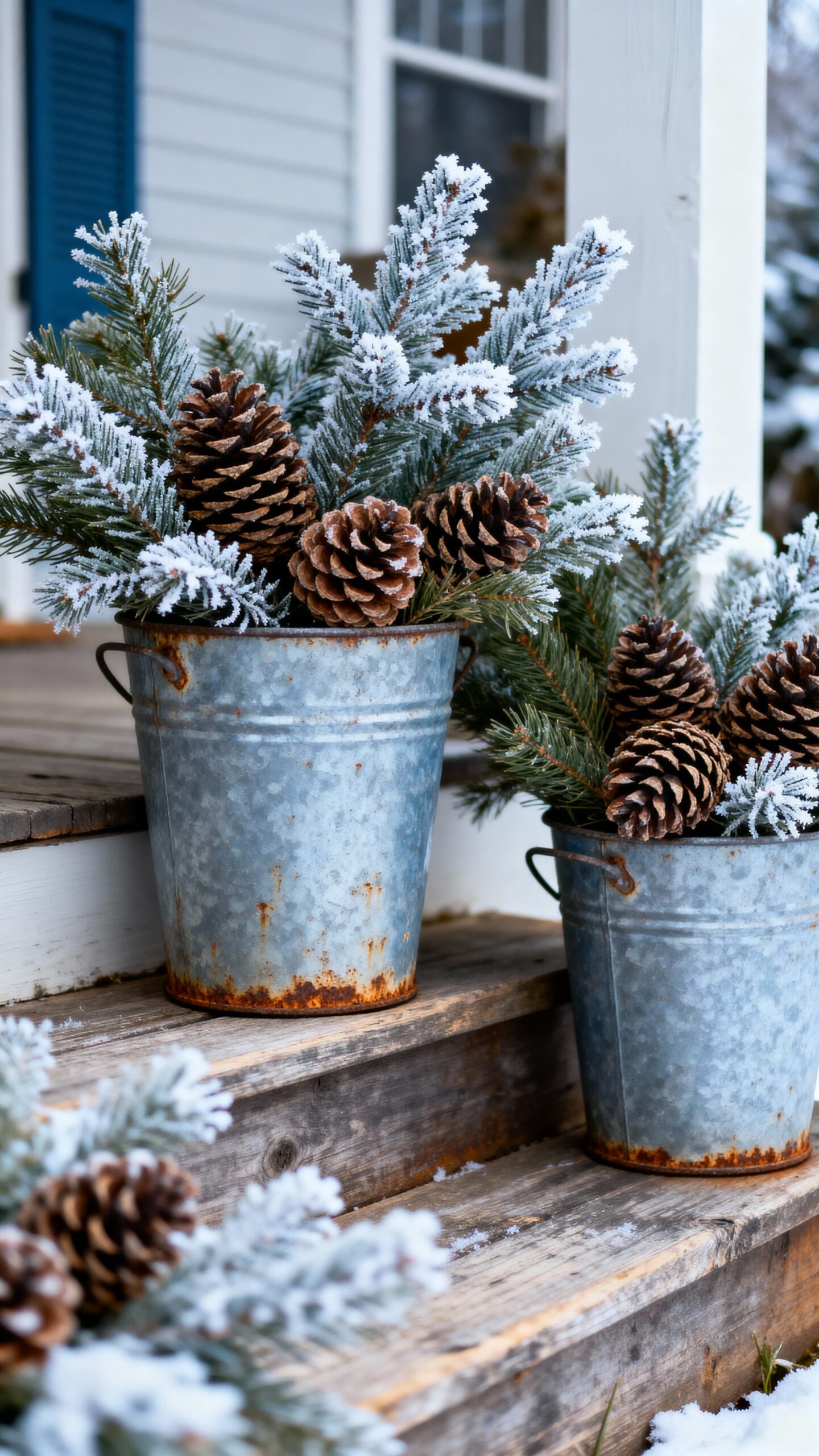 rustic farmhouse decor with galvanized buckets