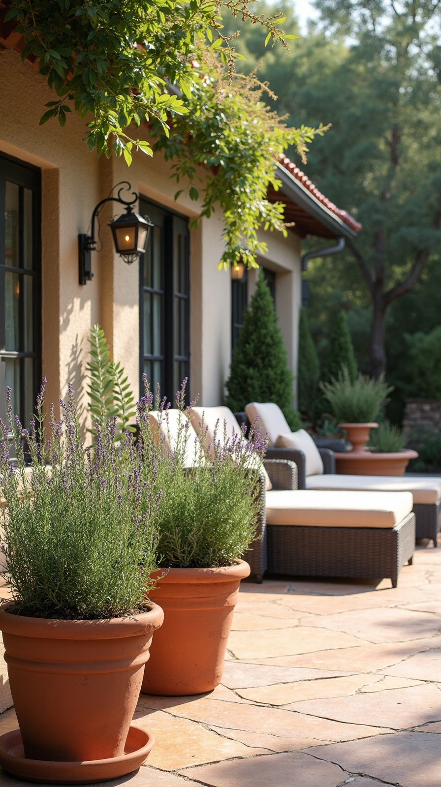 rustic mediterranean terrace with herbs and terracotta