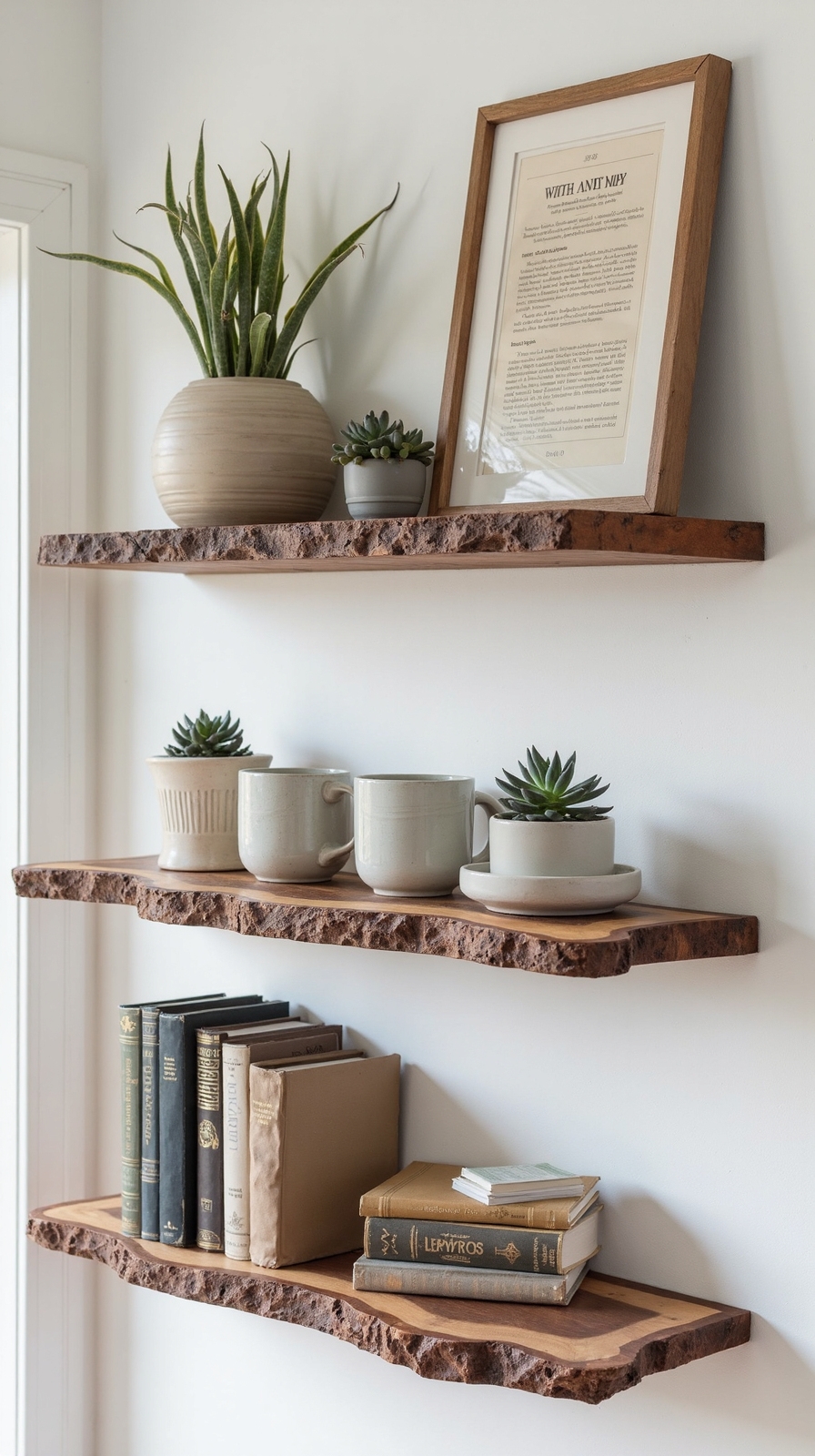 rustic natural wood slab shelves