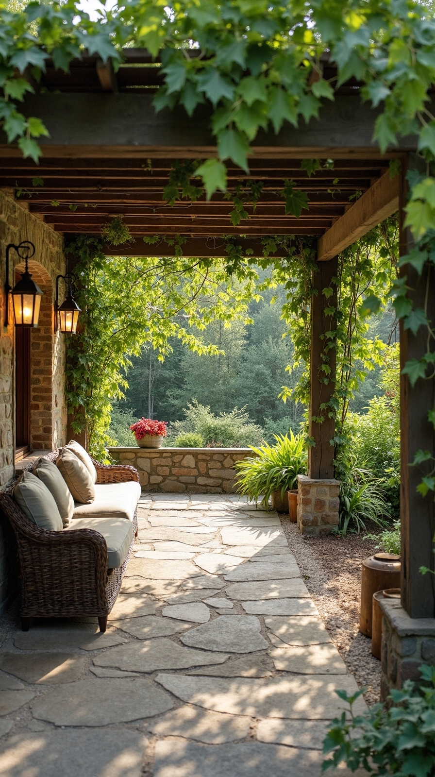 rustic pergola with trailing vine canopy