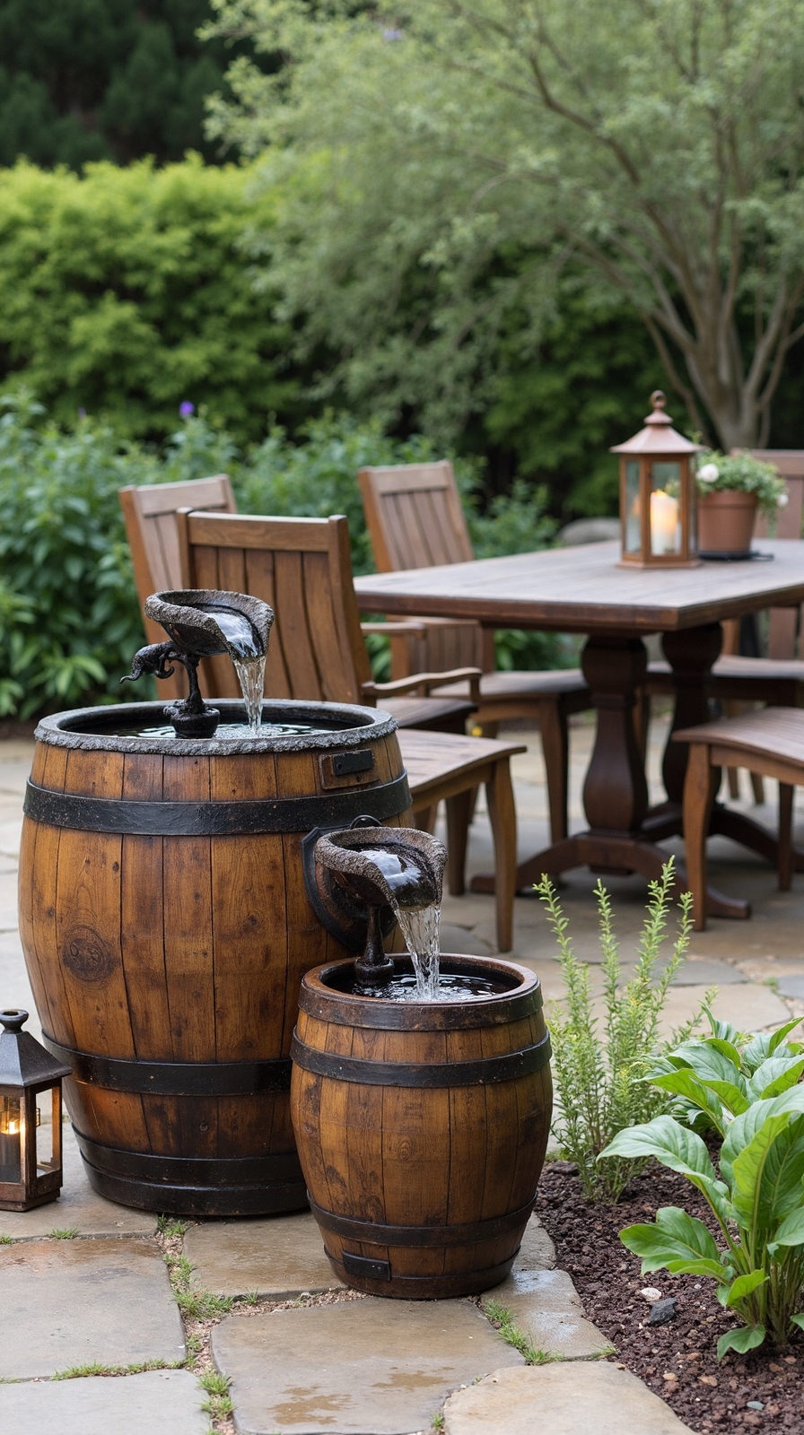 rustic tranquil repurposed whiskey barrel fountains