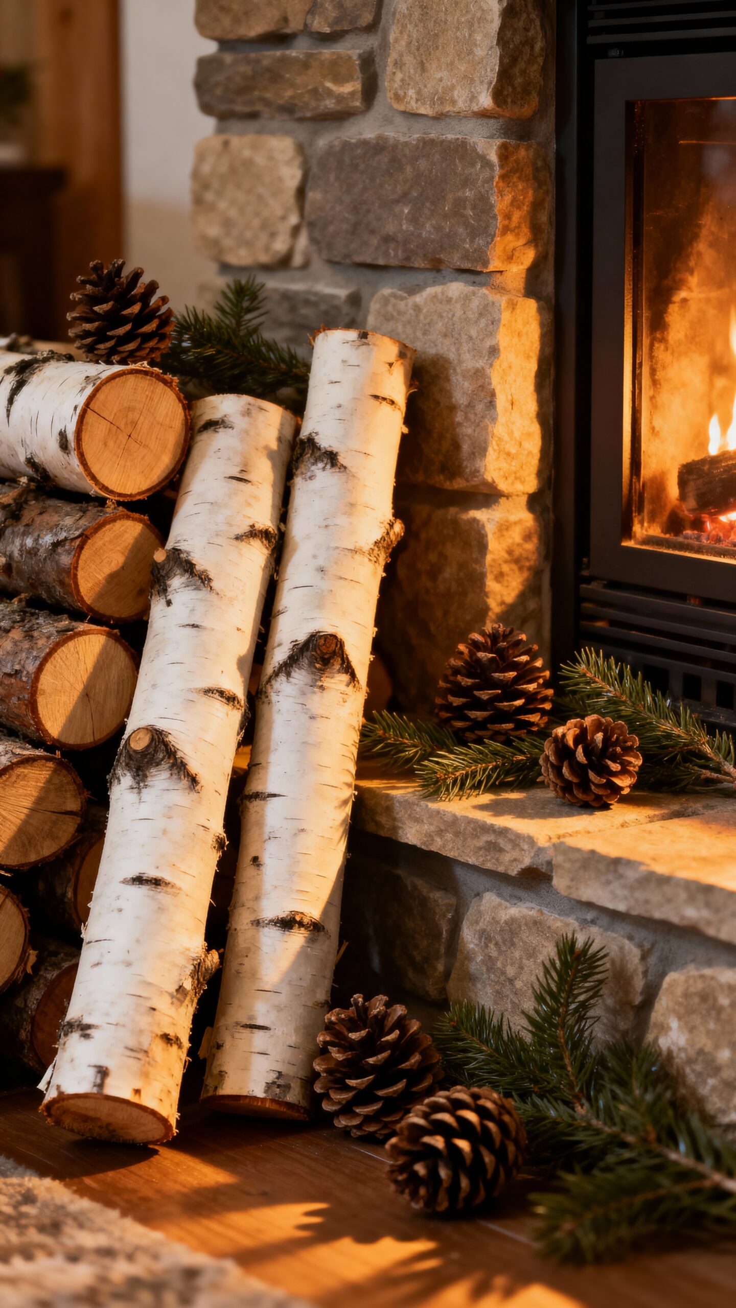 rustic winter birch log pinecone decor