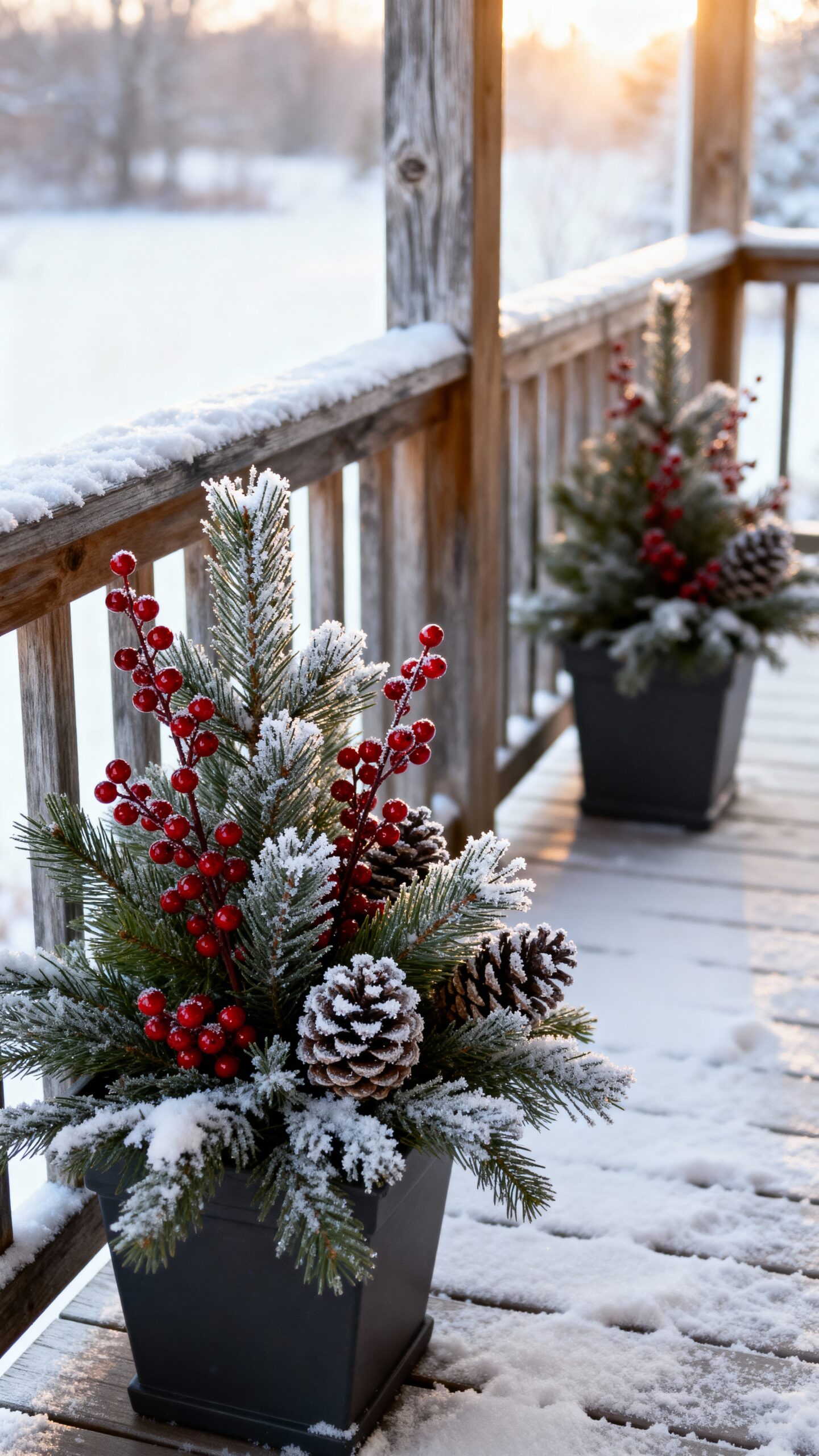 rustic winter planter arrangements with evergreens