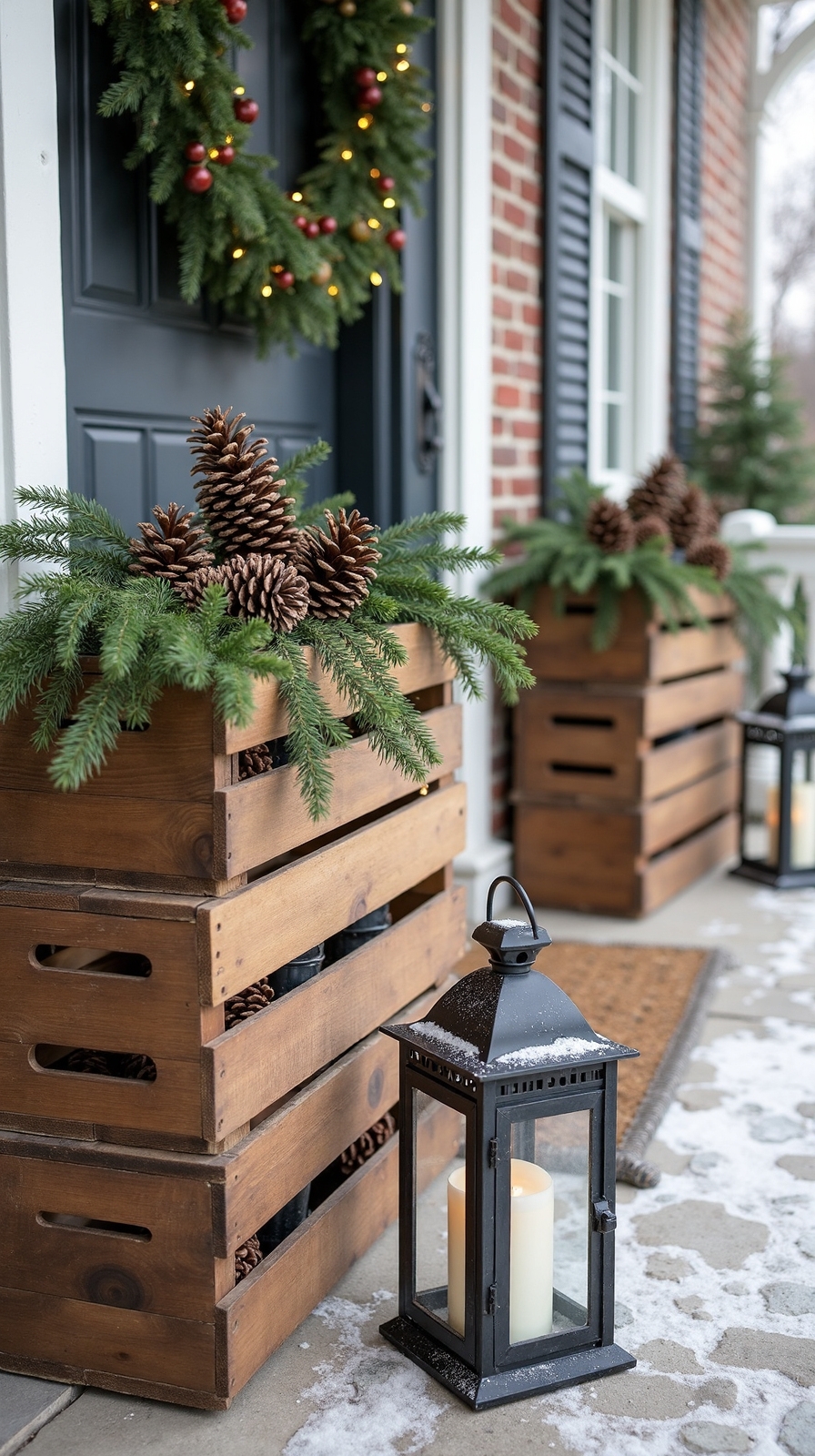 rustic winter porch storage decor