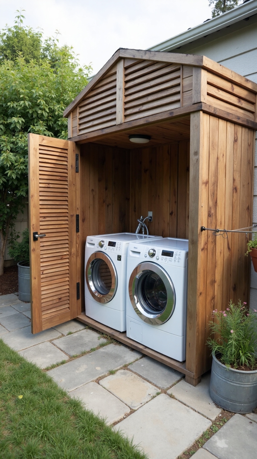 rustic wooden laundry enclosure ventilated