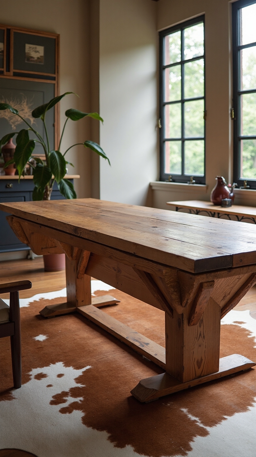 rustic workspace charm with cowhide rug