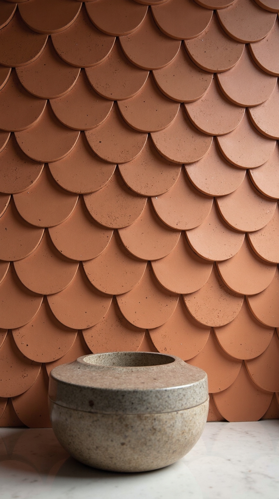 scalloped terracotta tile backsplash design
