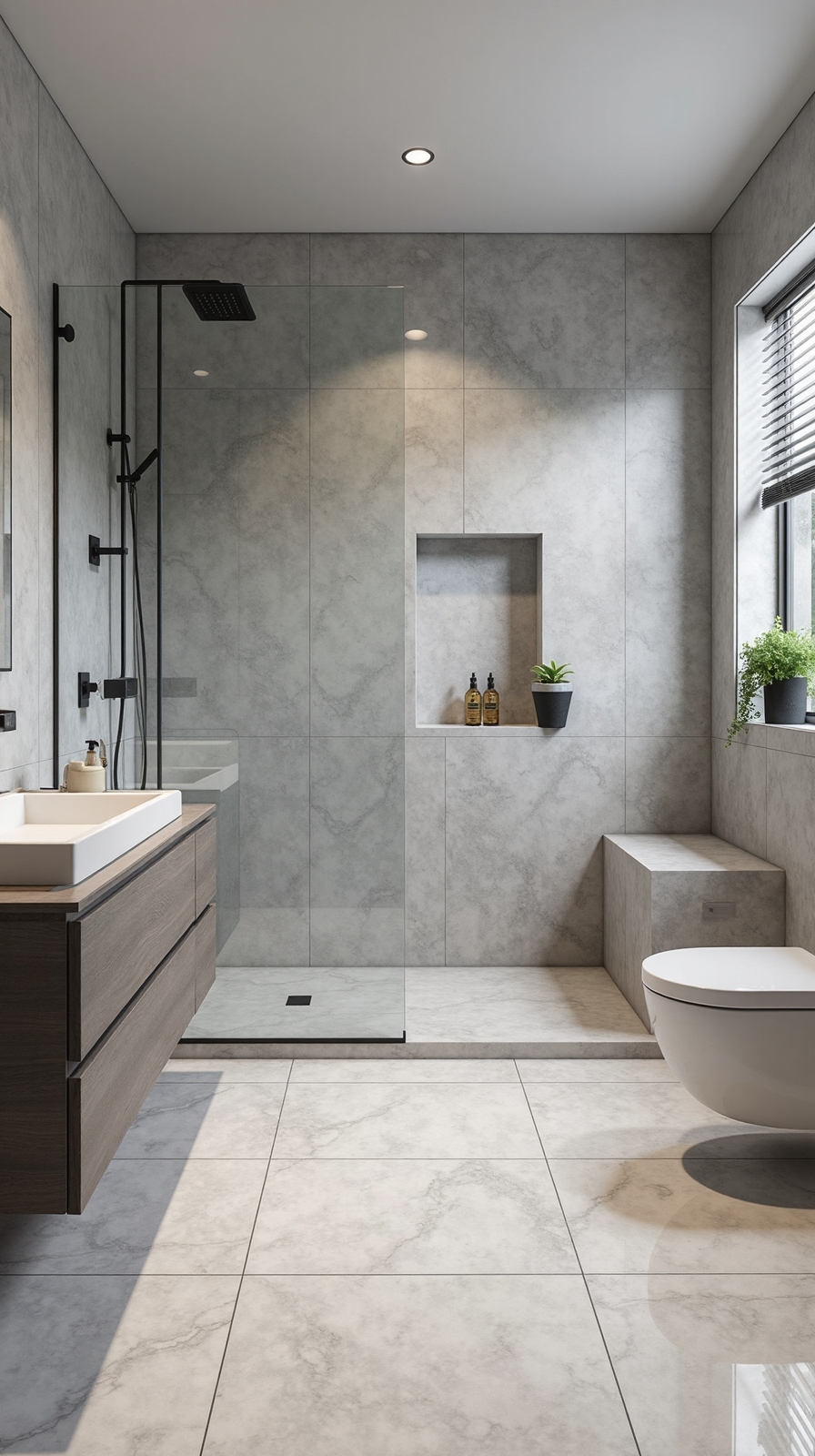 seamless spacious sophisticated bathroom aesthetic