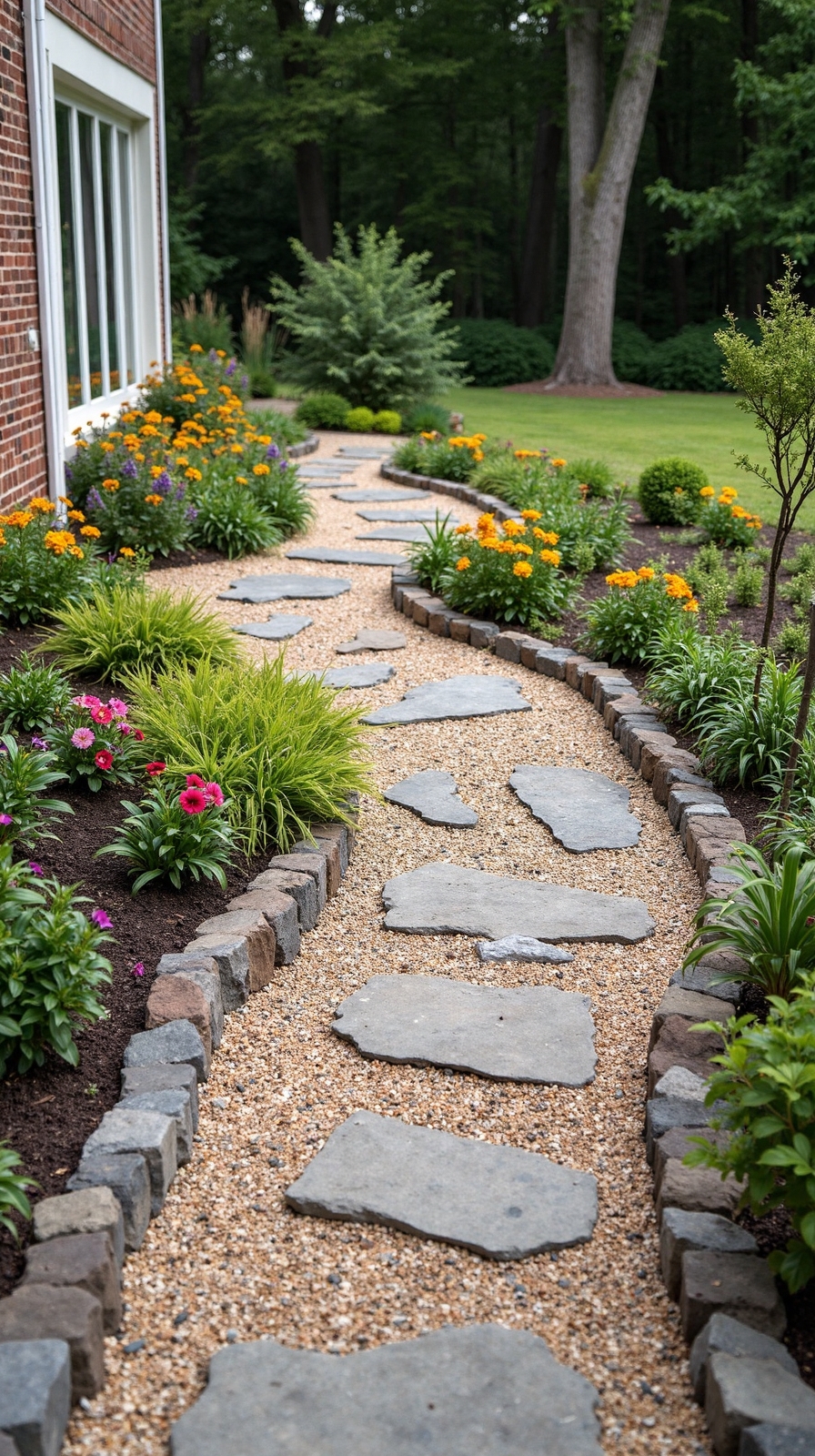 seasonal floral showcase with gravel paths