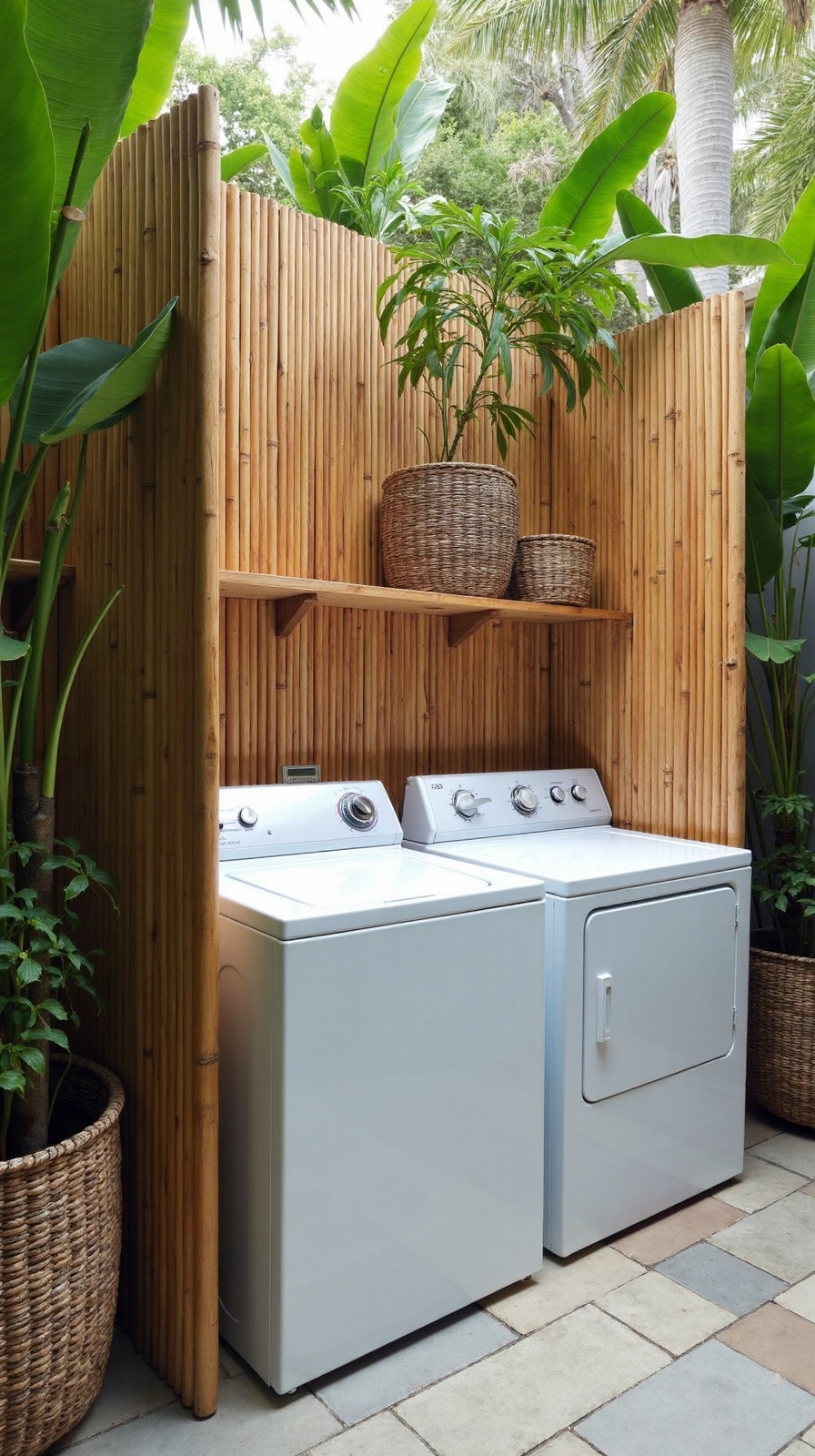 secluded outdoor laundry nook with bamboo