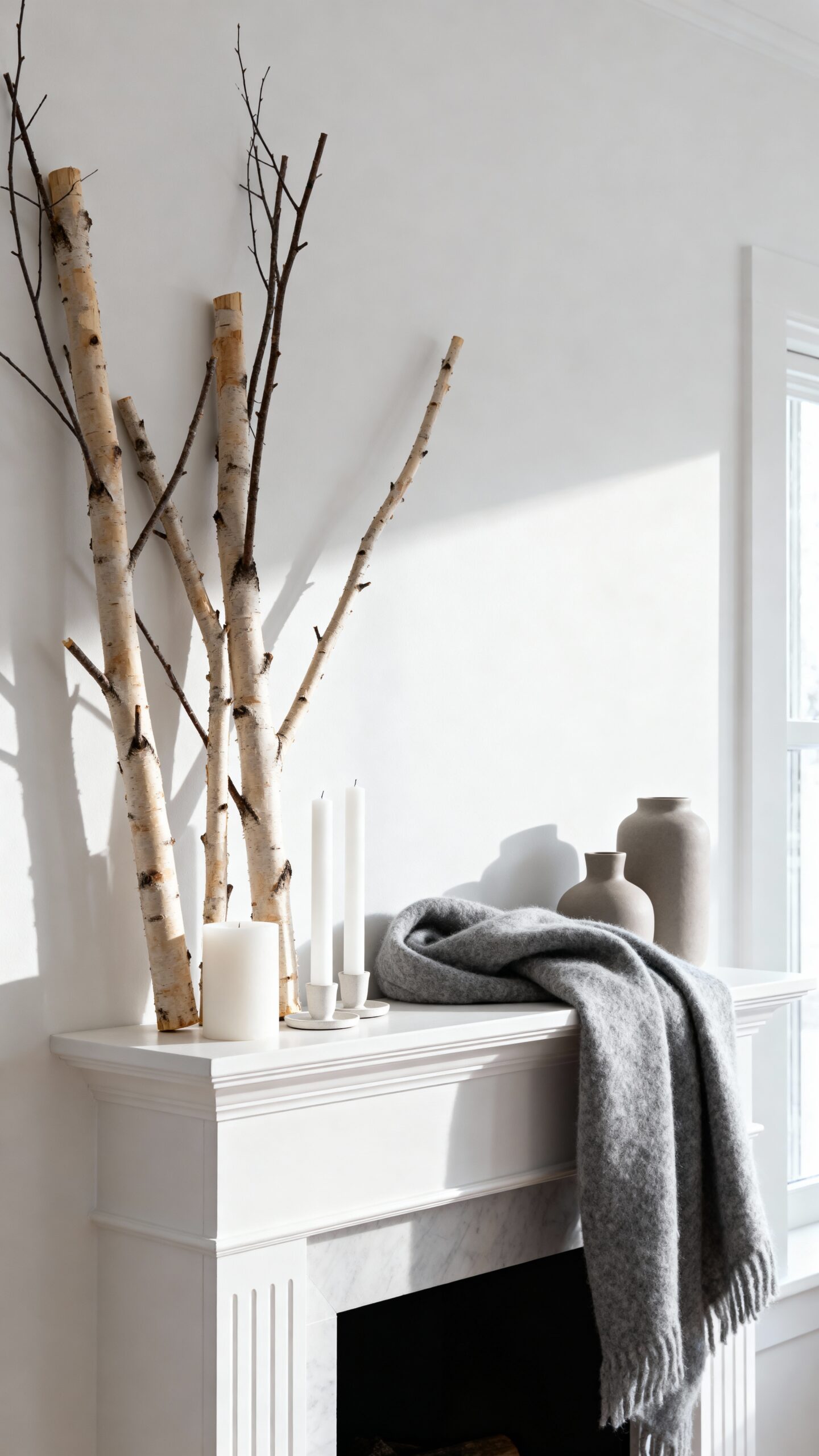 serene minimal natural winter mantle decor