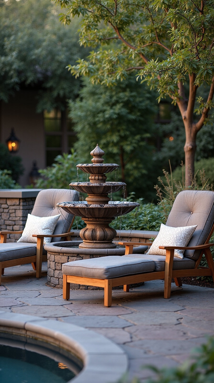 serene patio water retreat with recliners