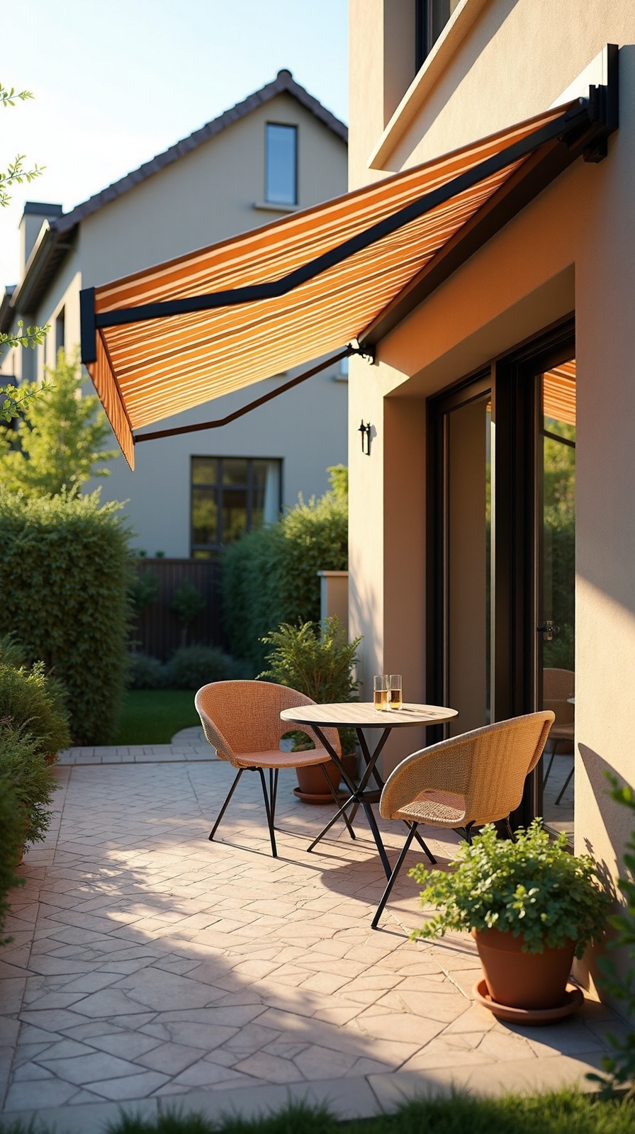 shade providing retractable awnings and umbrellas