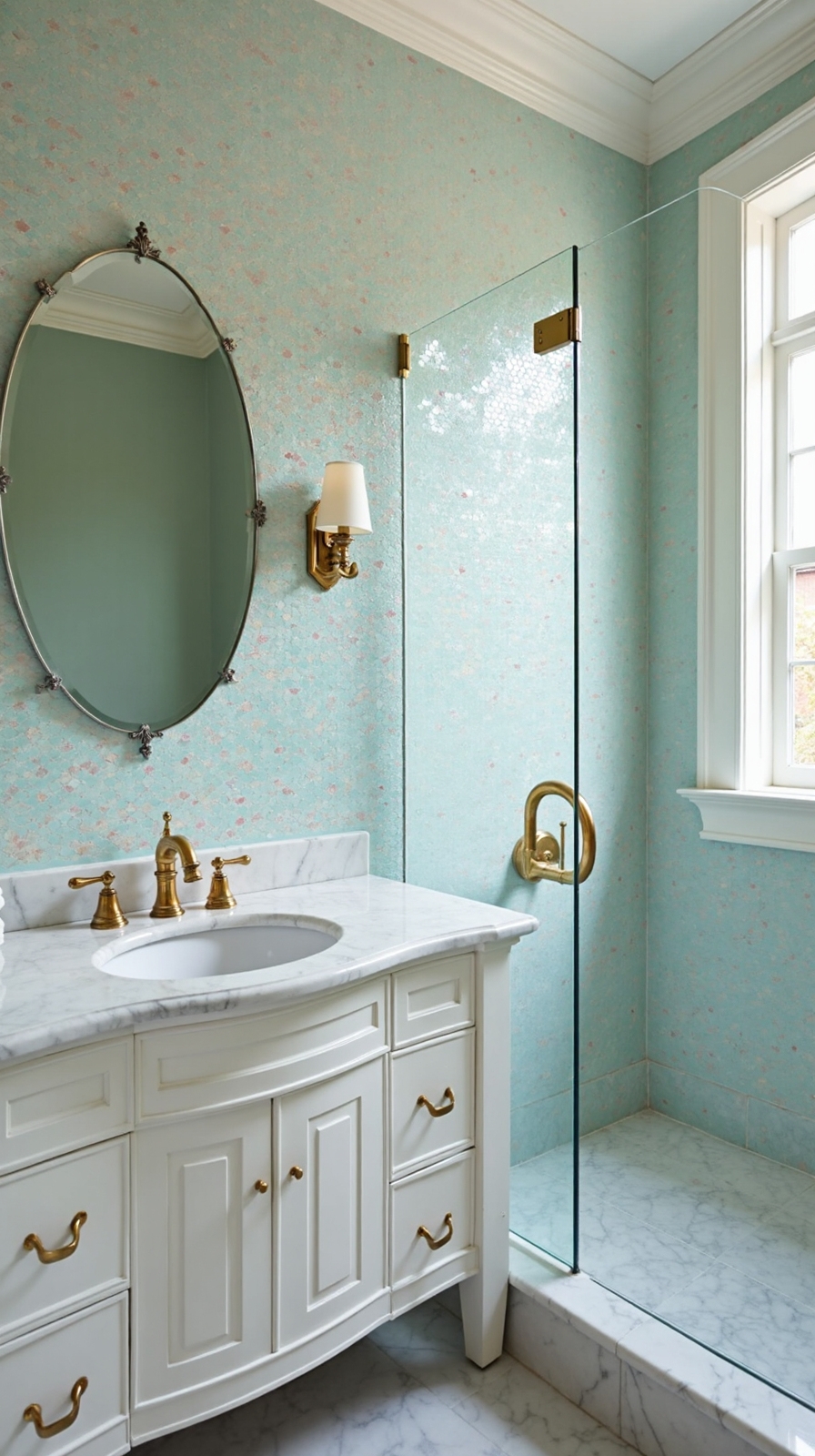 shimmering curved enchanting transformative bathroom tiles