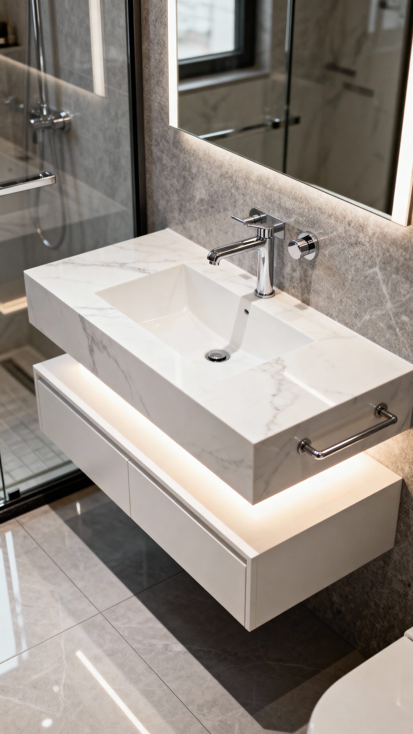 sleek sophisticated floating contemporary bathroom vanity