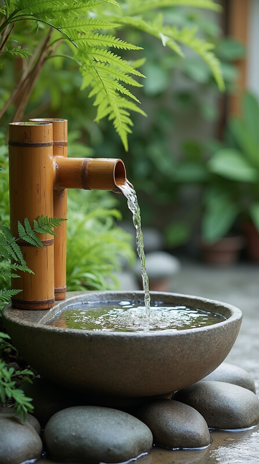 soothing natural bamboo water feature