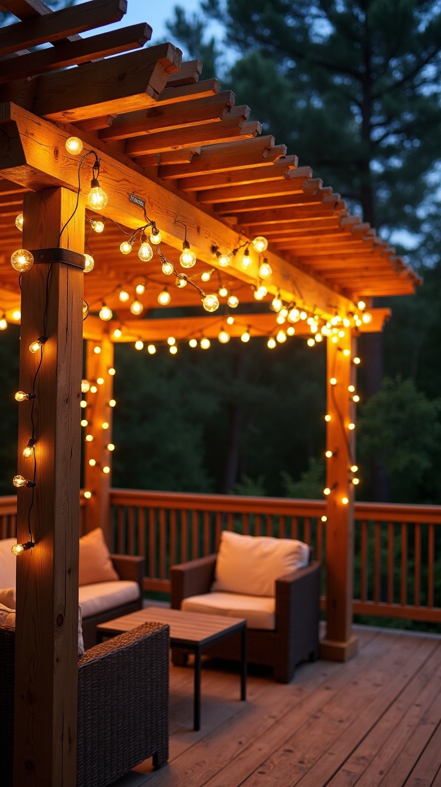 sophisticated bistro style pergola lighting design