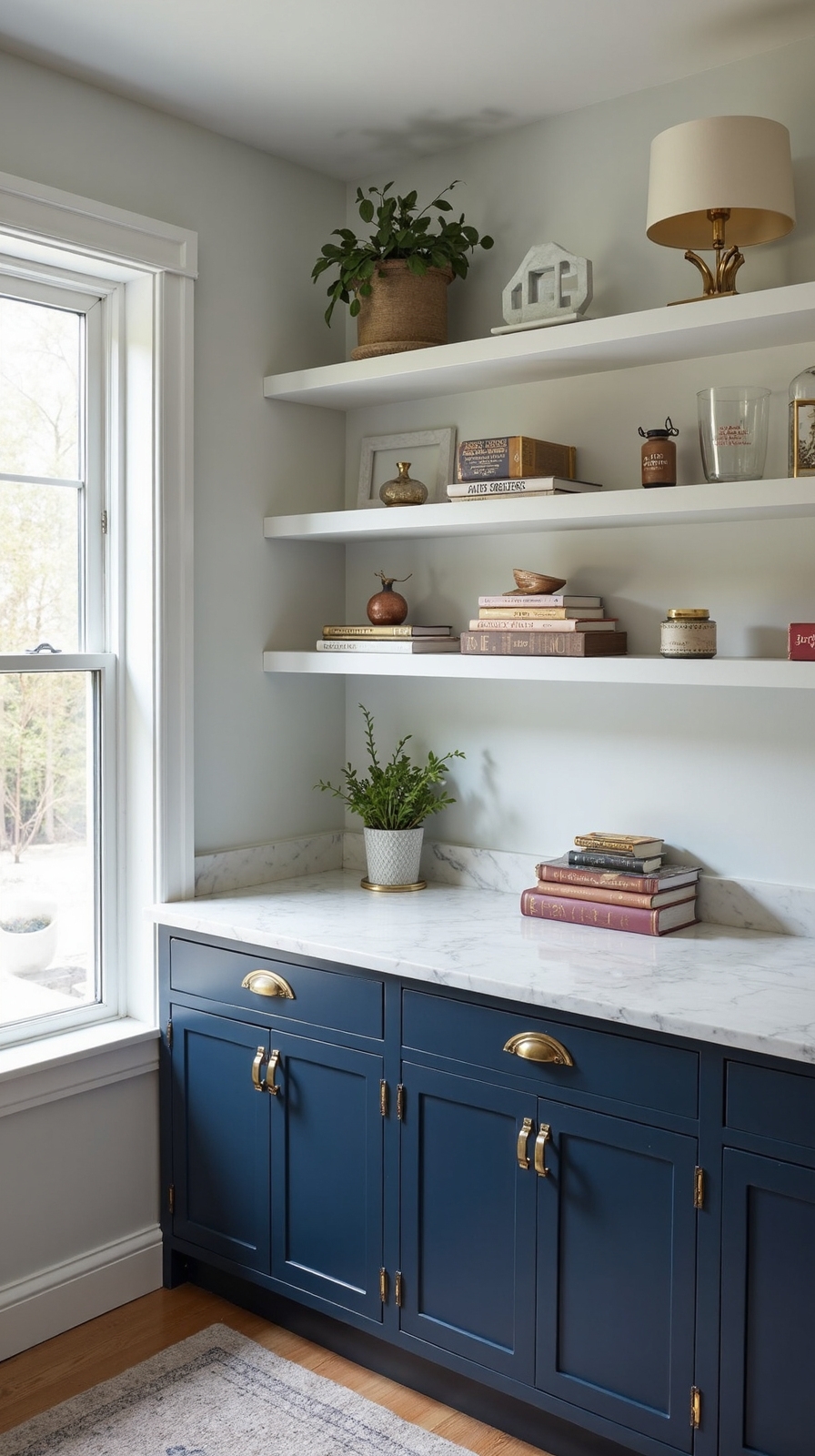 sophisticated blue and white workspace