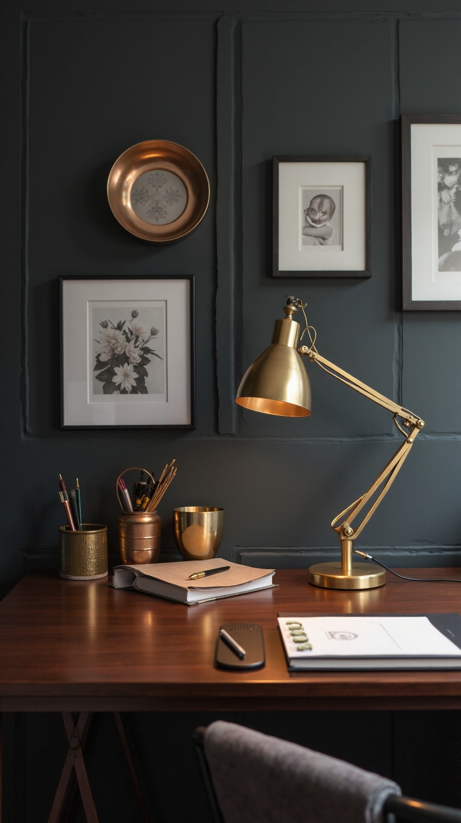 sophisticated dark desk accented warmly