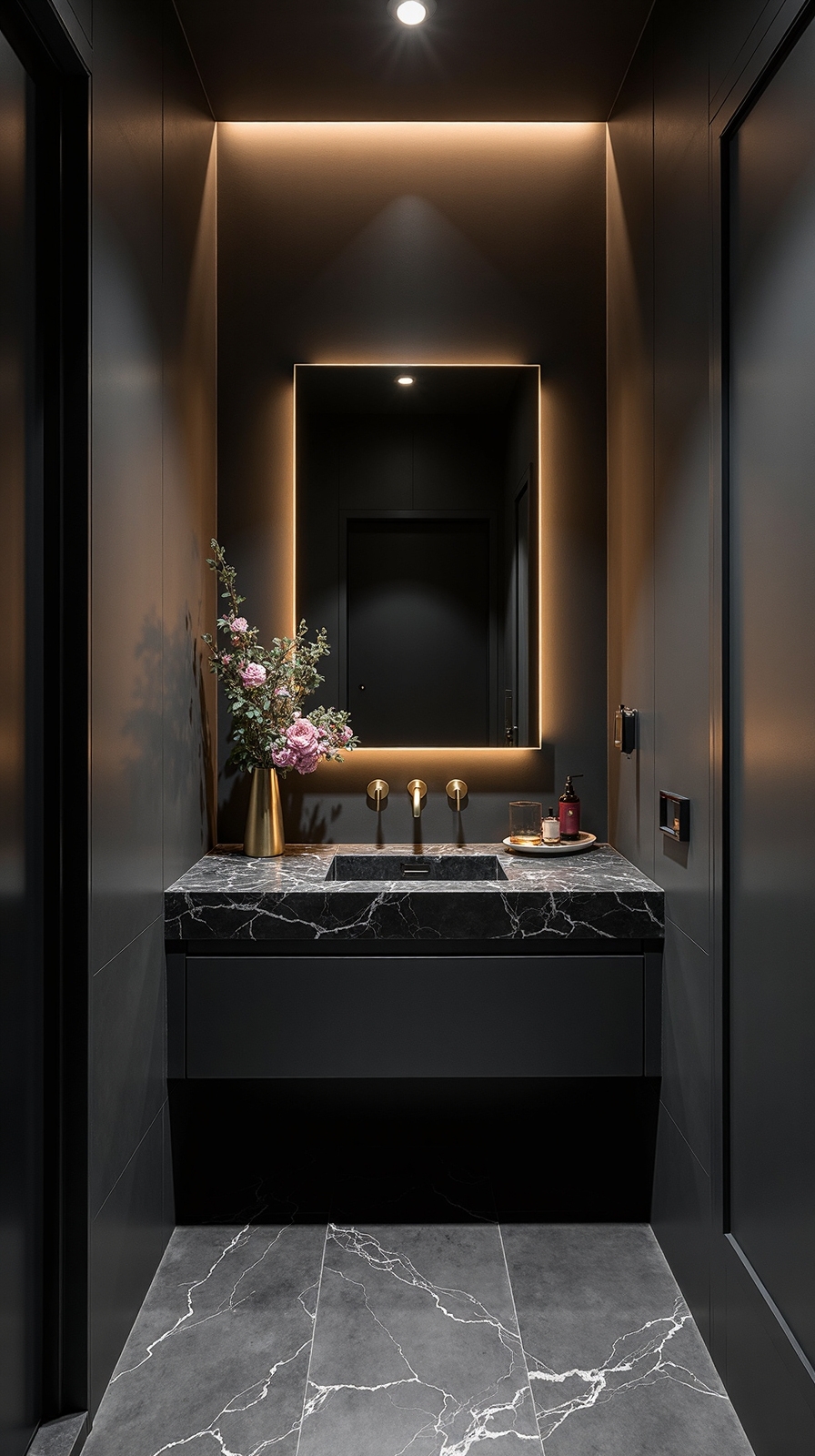 sophisticated glamour dark marble bathroom