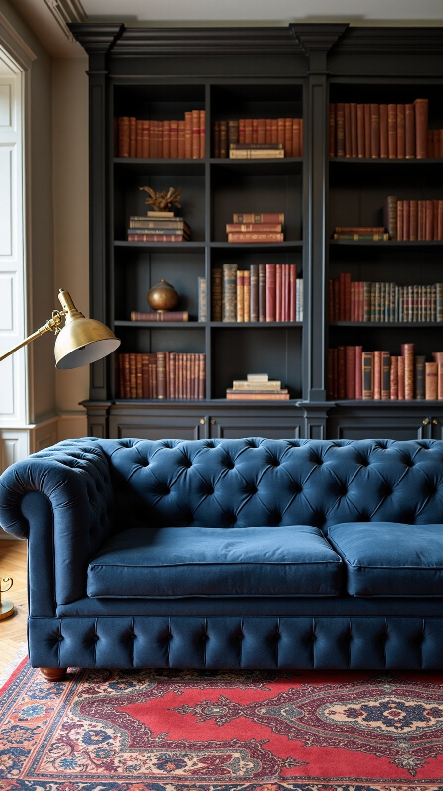 sophisticated library inspired living room retreat