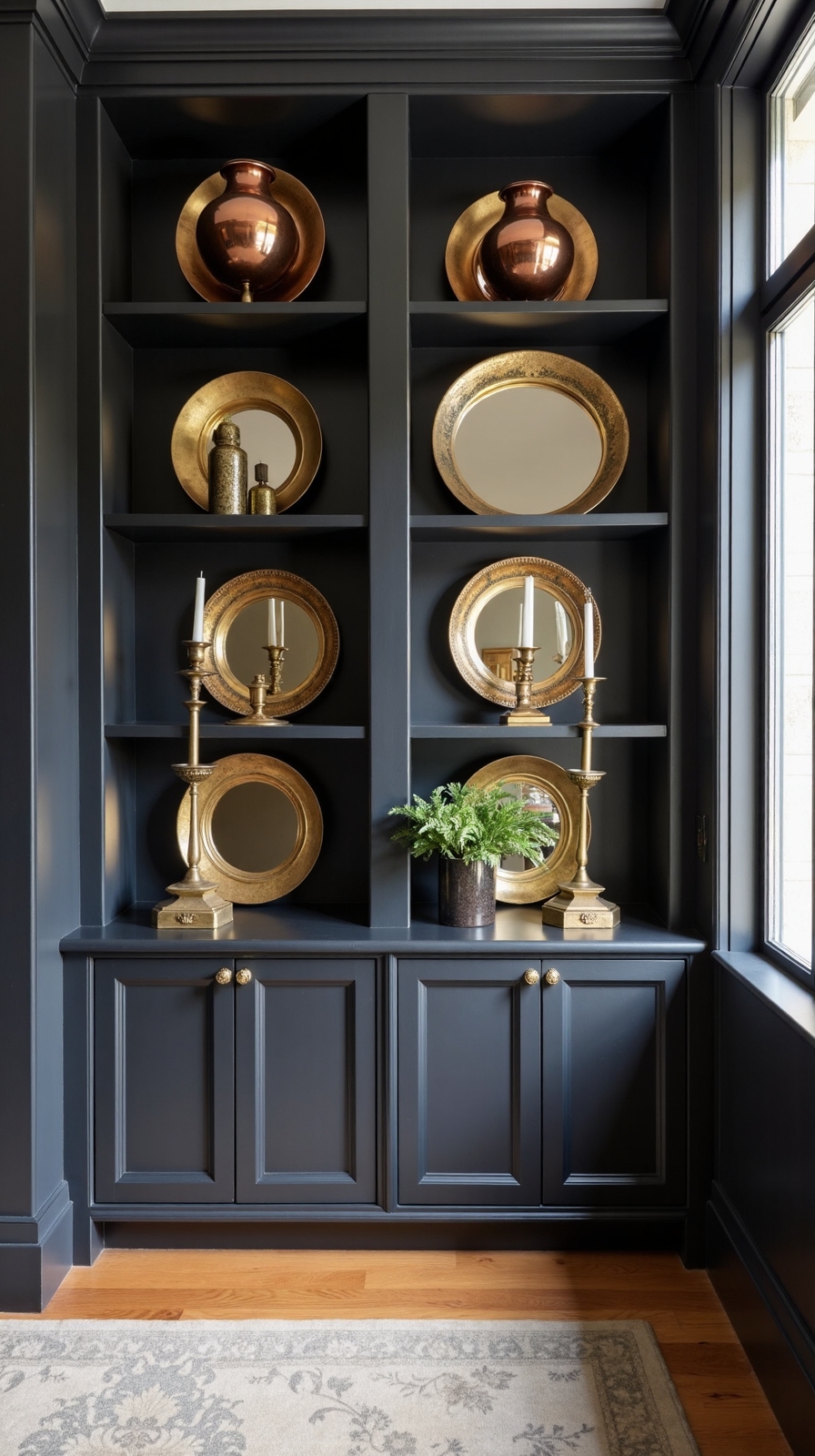 sophisticated metallic black bookcase display