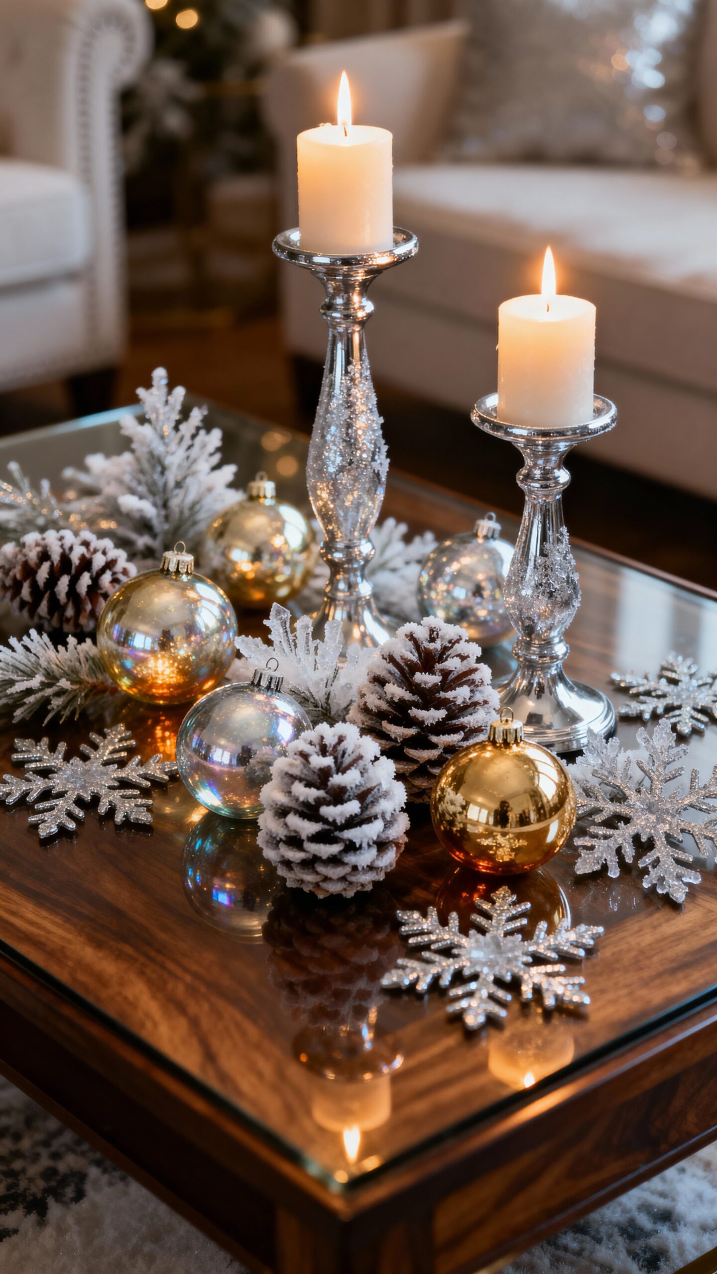 sophisticated metallic winter coffee table display