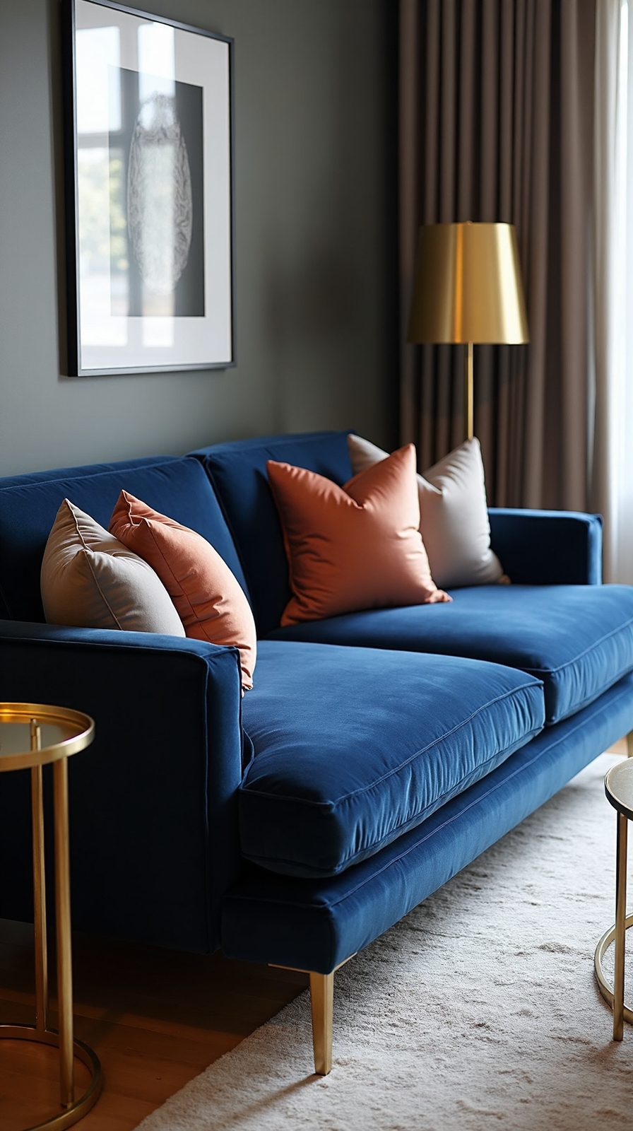 sophisticated midnight blue couch metallic accents
