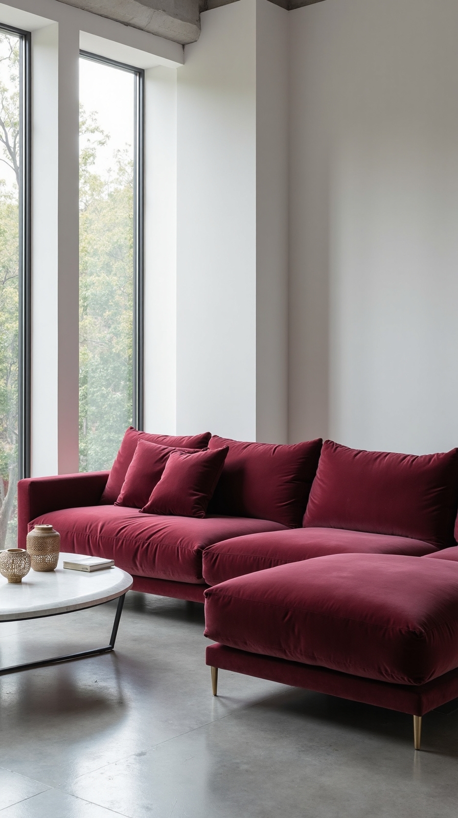 sophisticated minimalist burgundy couch decor