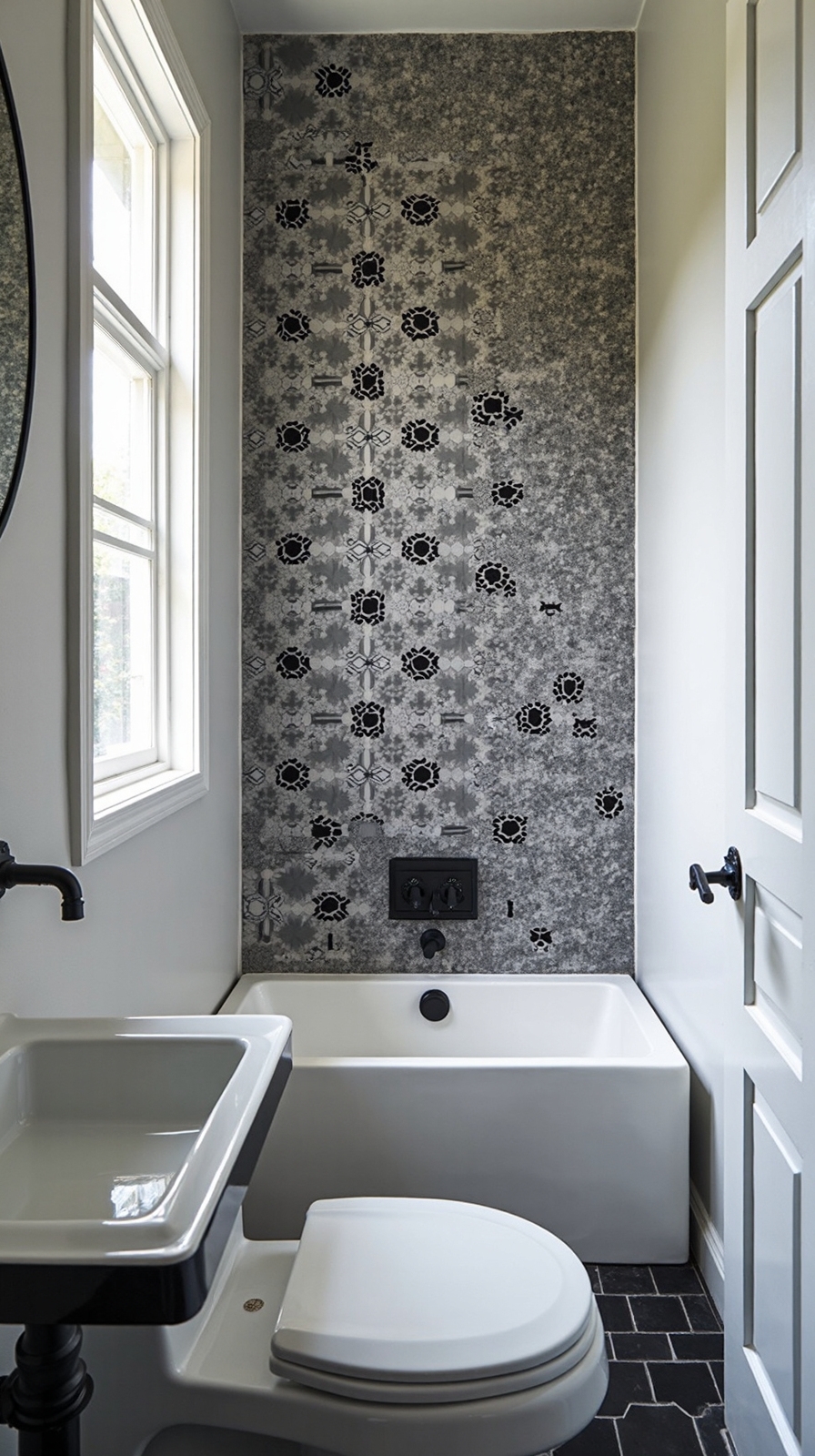sophisticated mixed tile pattern feature wall