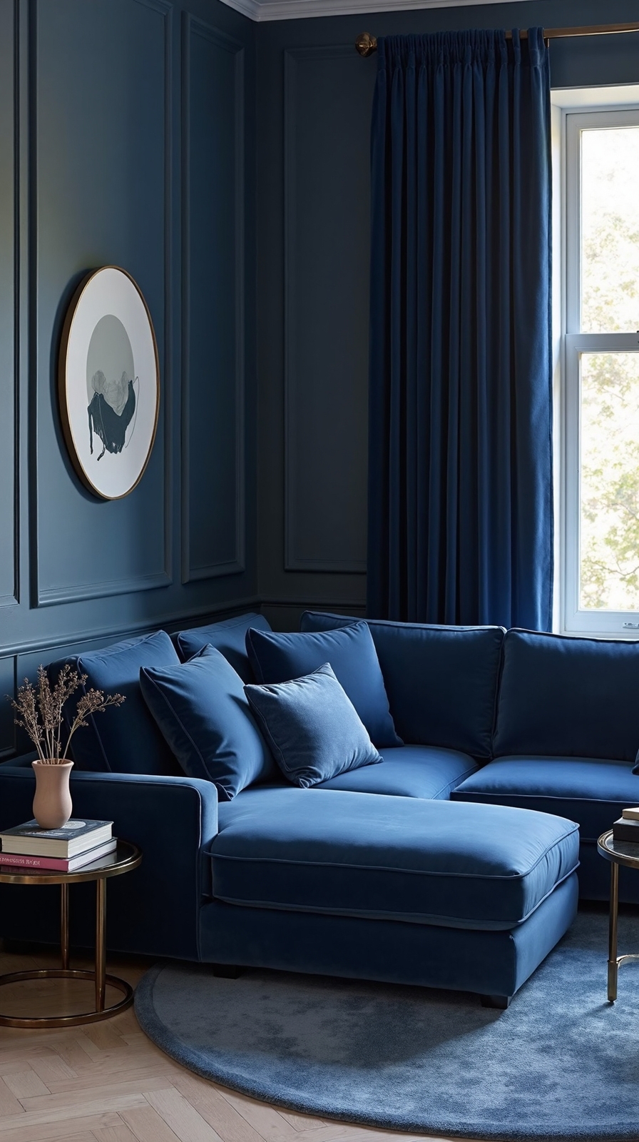 sophisticated monochromatic navy living sanctuary