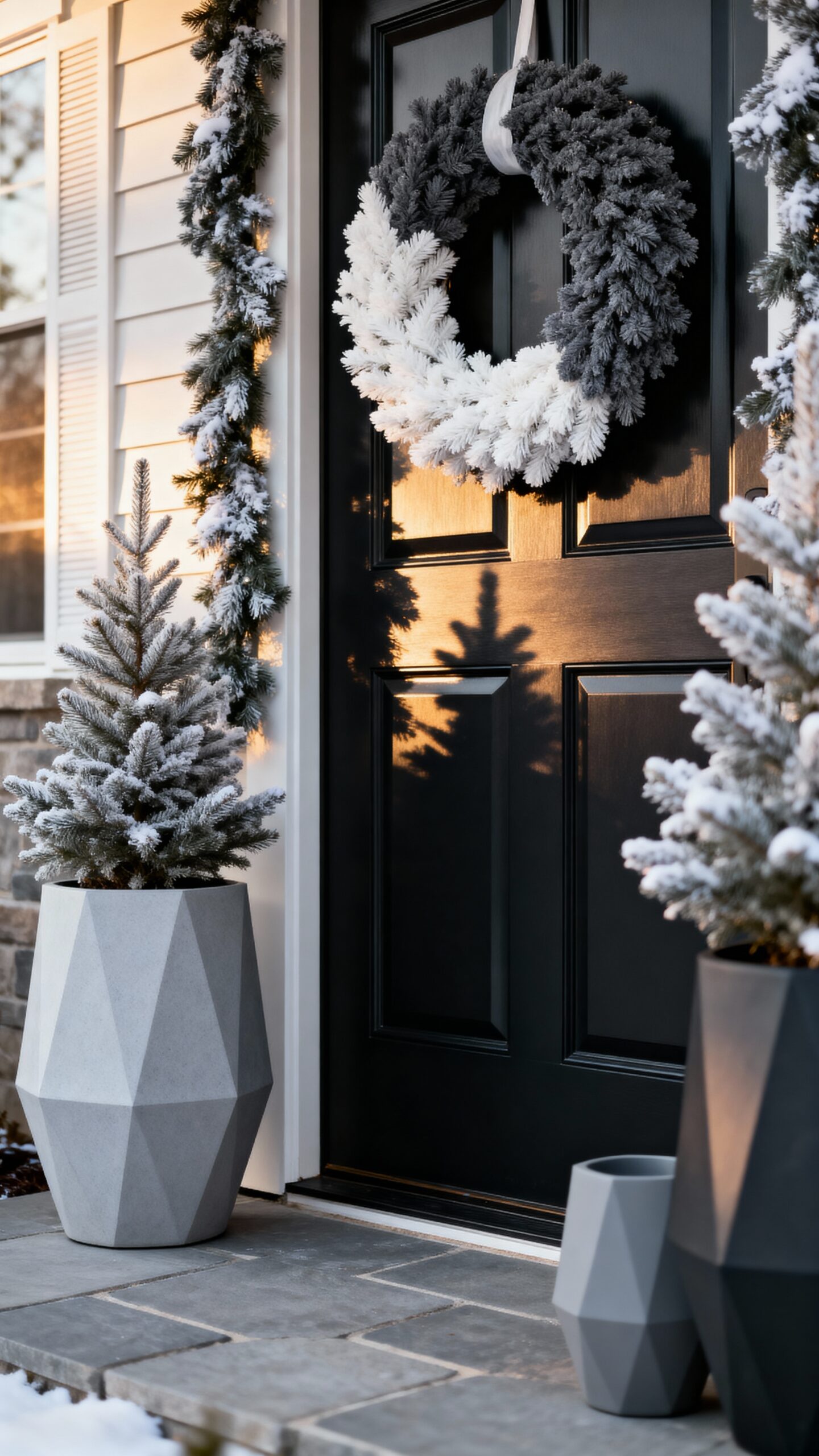 sophisticated monochromatic winter door decor