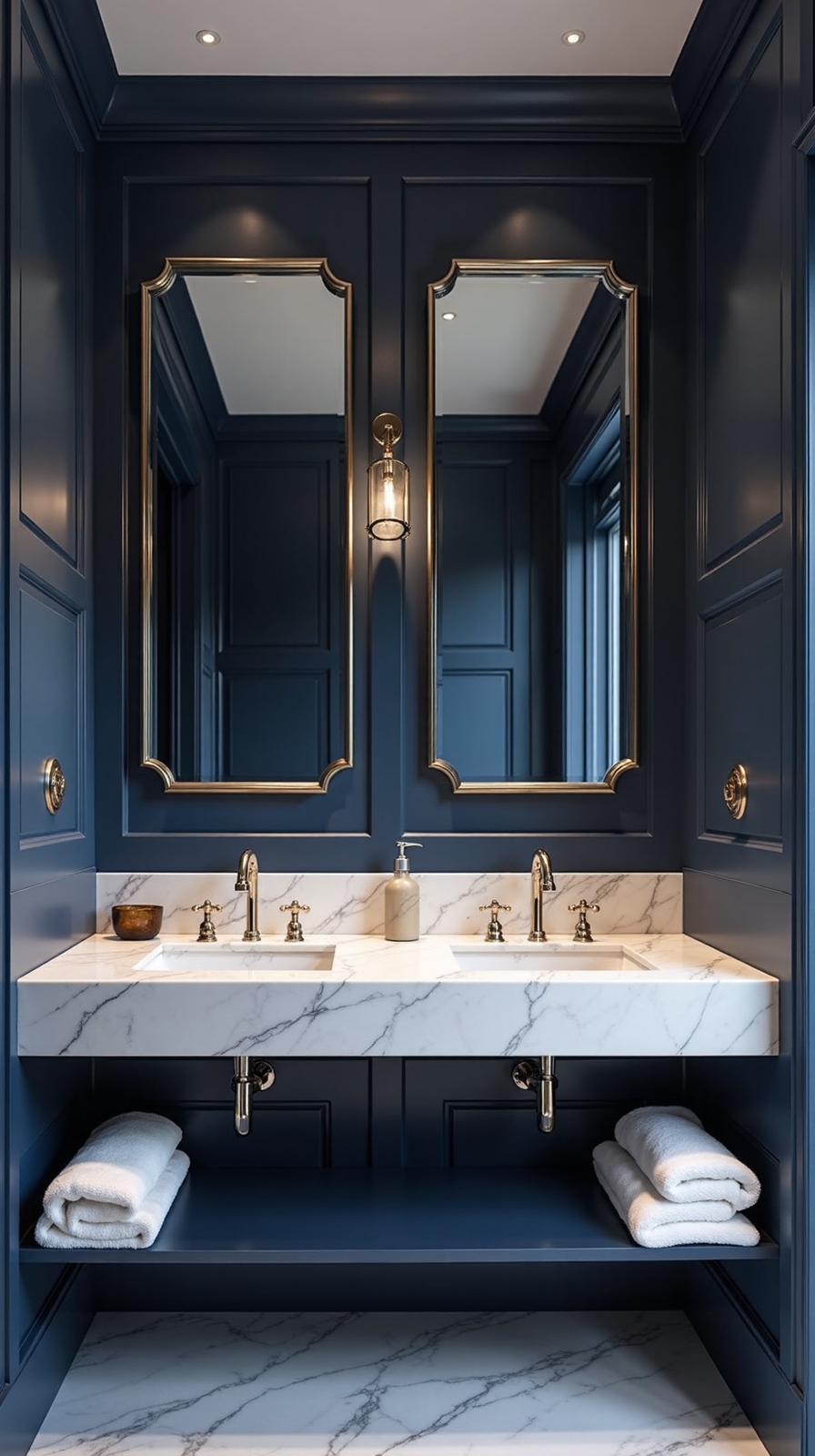 sophisticated navy and marble bathroom decor
