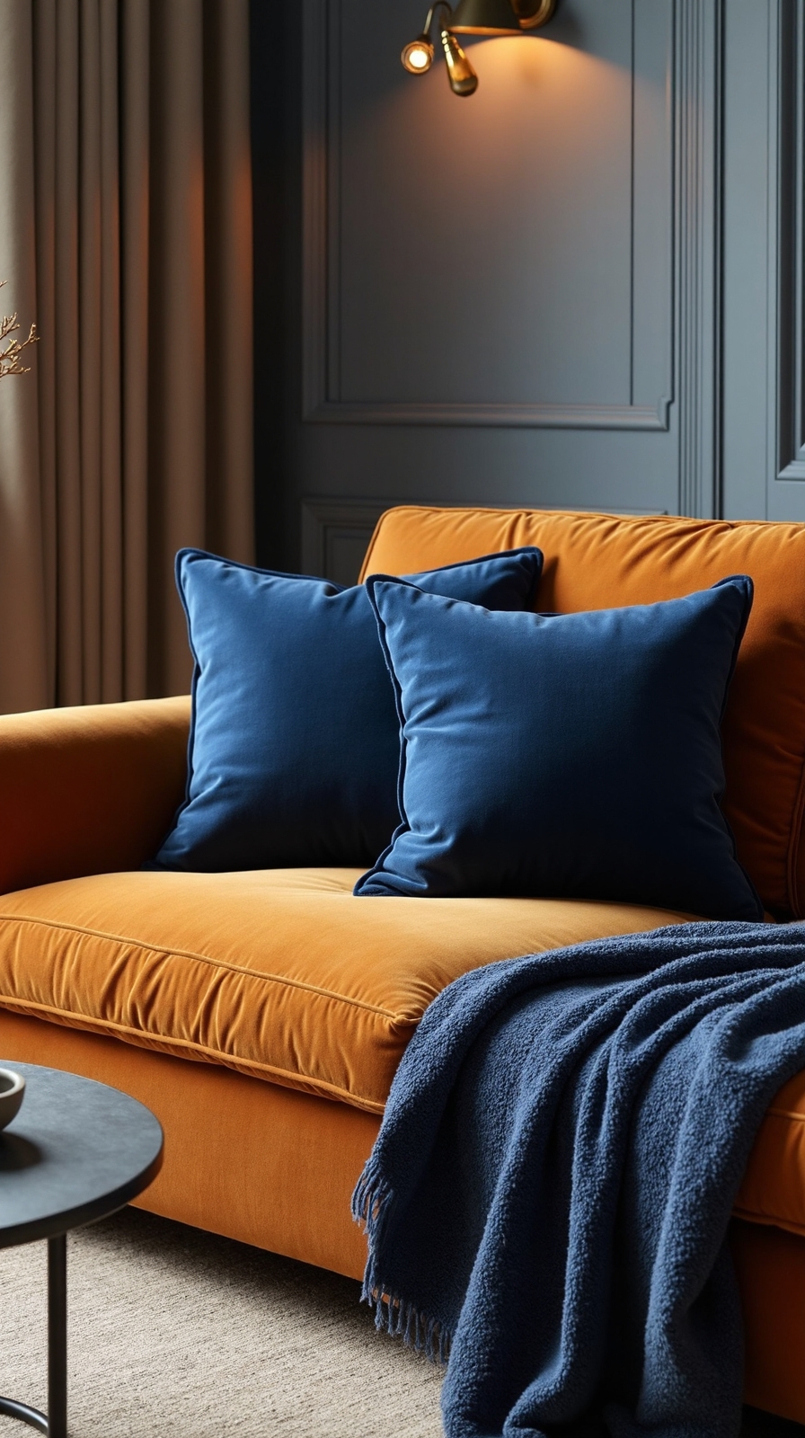 sophisticated navy blue accents modernize cozy space