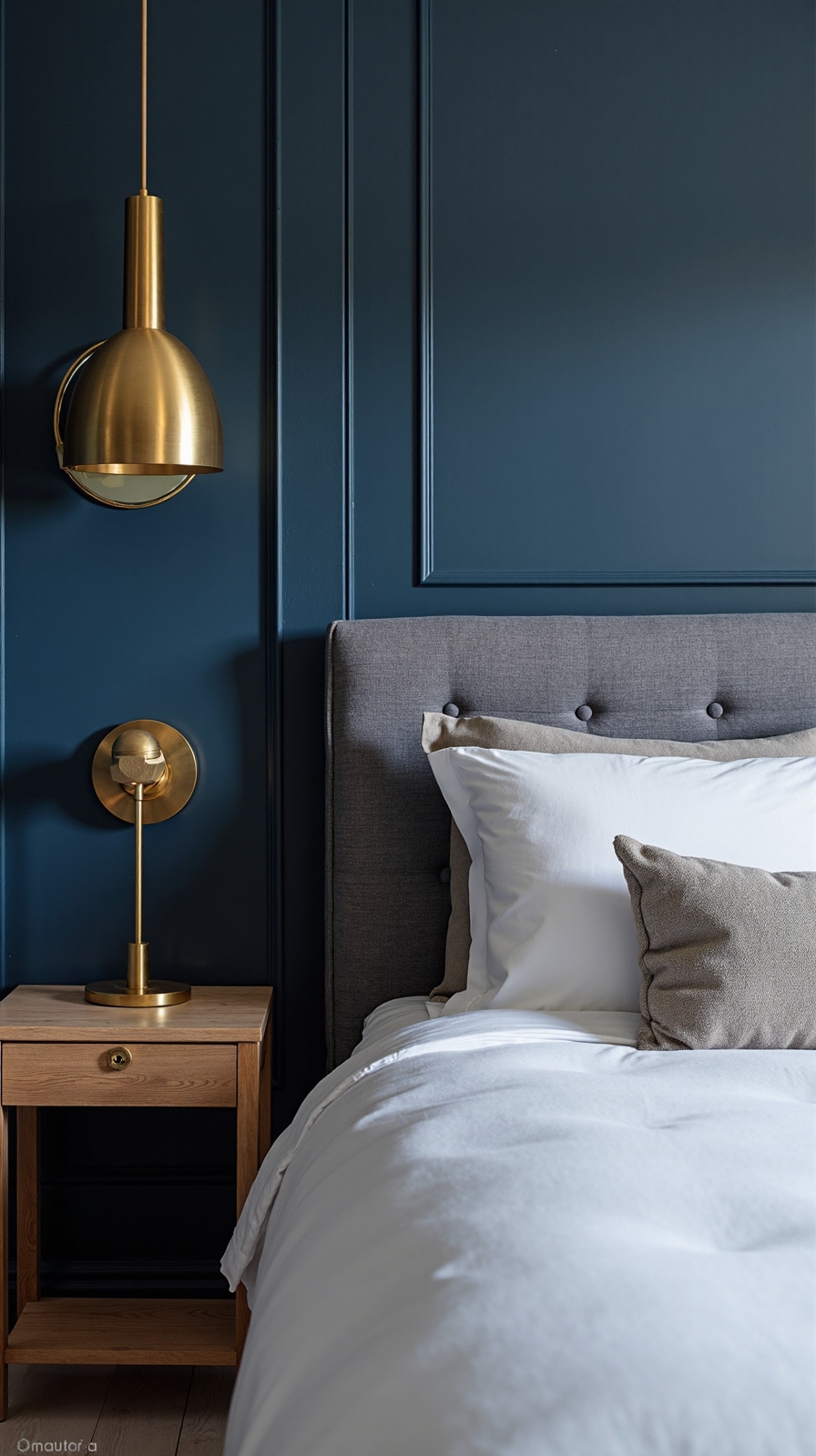 sophisticated navy blue and brass bedroom