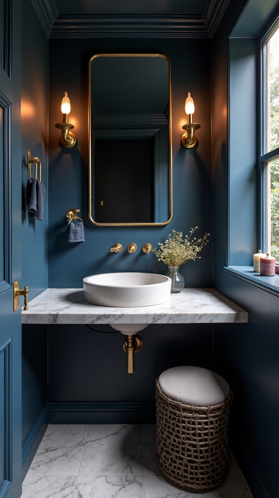 sophisticated navy blue bathroom sanctuary