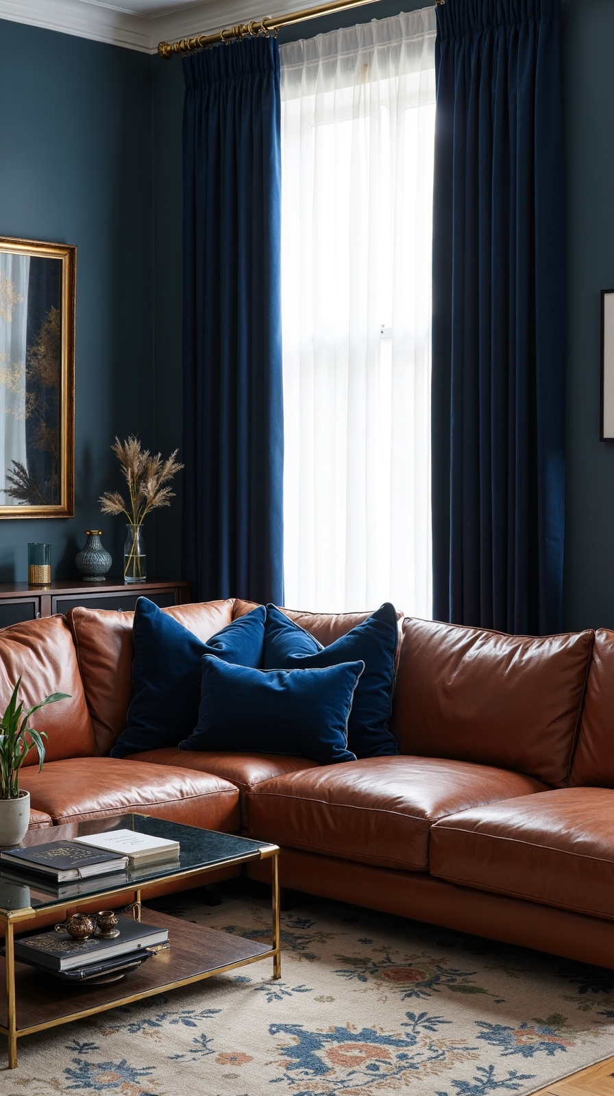 sophisticated navy blue timeless brown leather