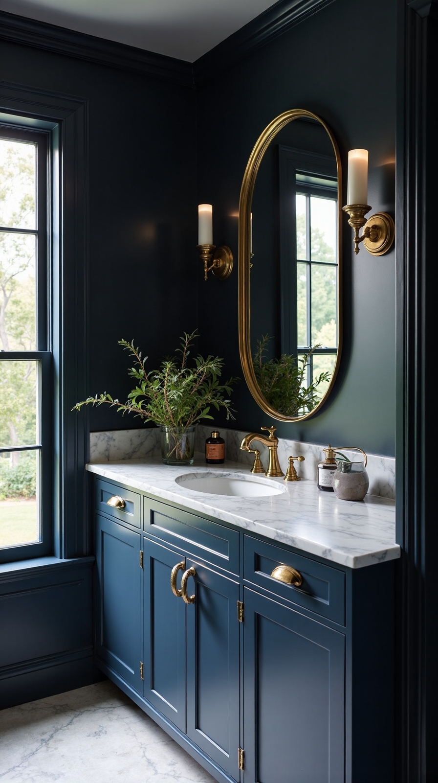 sophisticated navy blue vanities with gold
