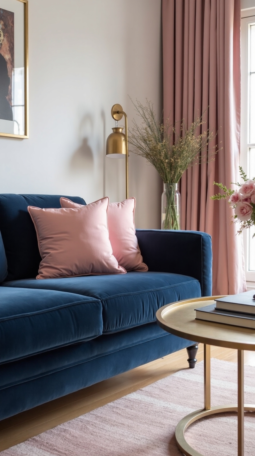 sophisticated navy couch with blush accents