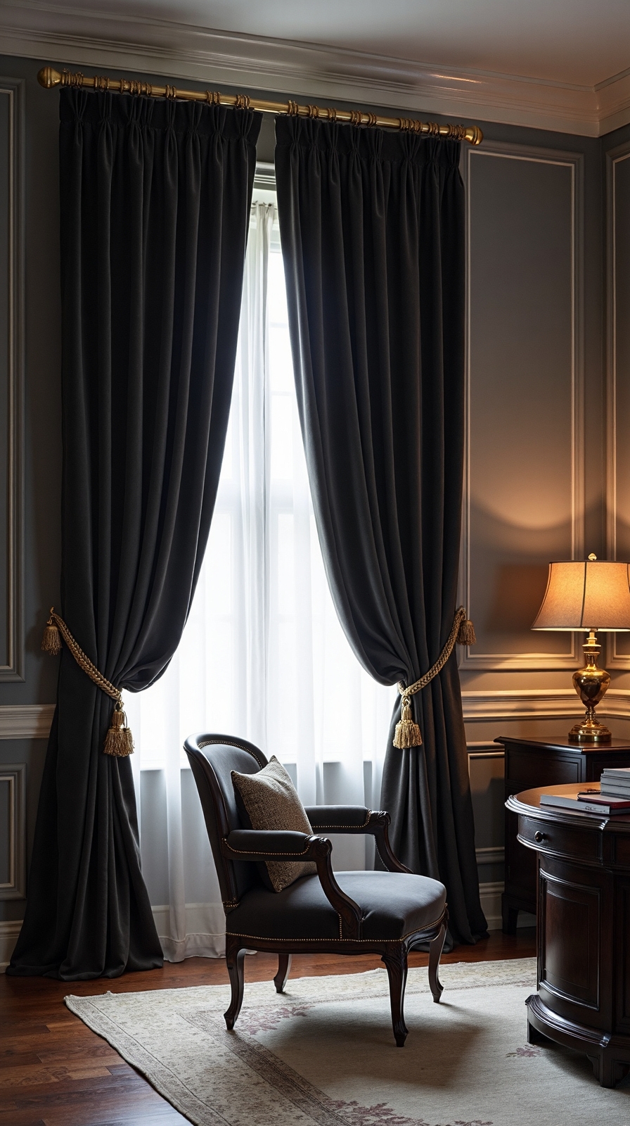 sophisticated office sanctuary with custom drapes