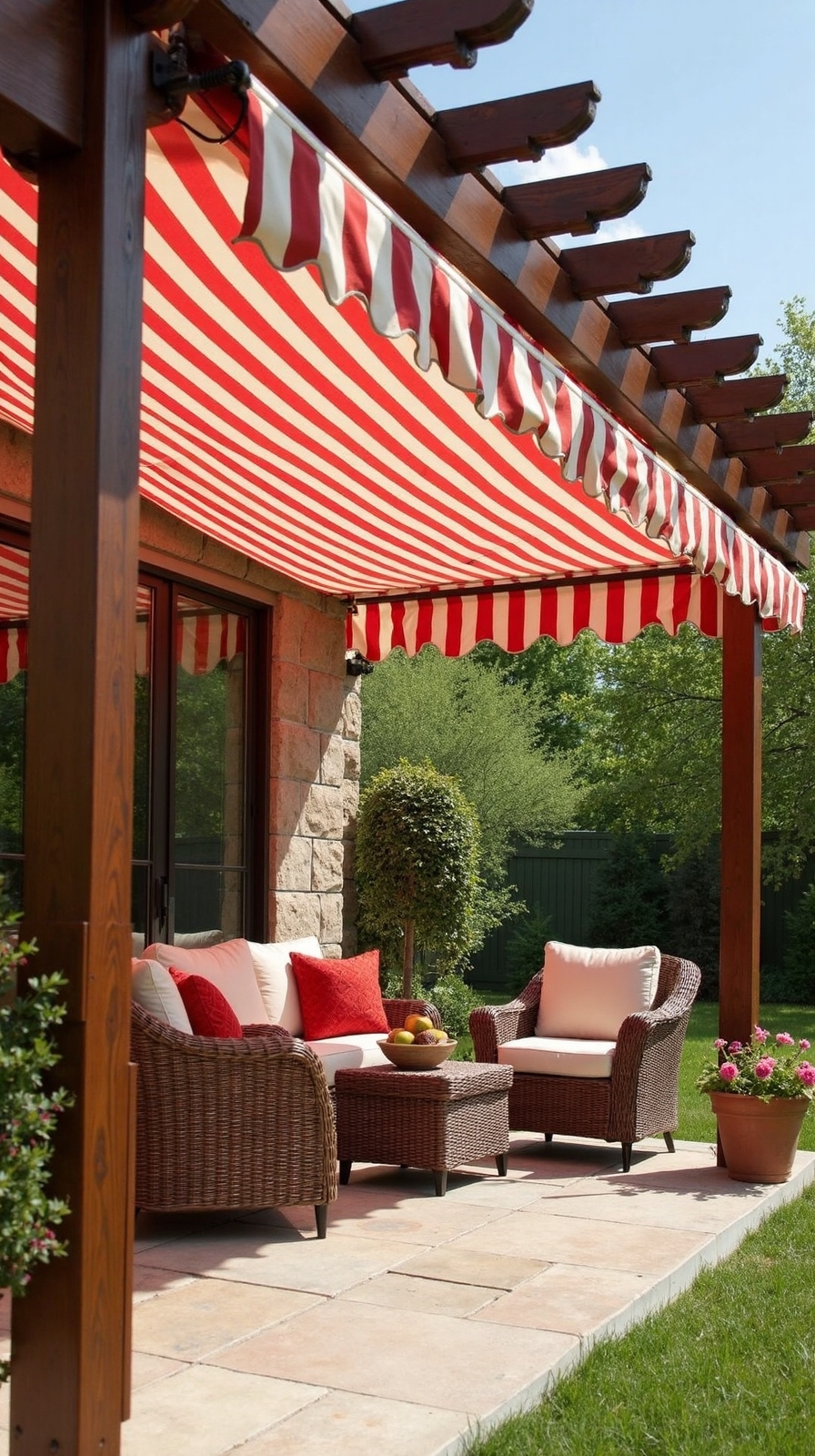 sophisticated outdoor retreat with striped curtains