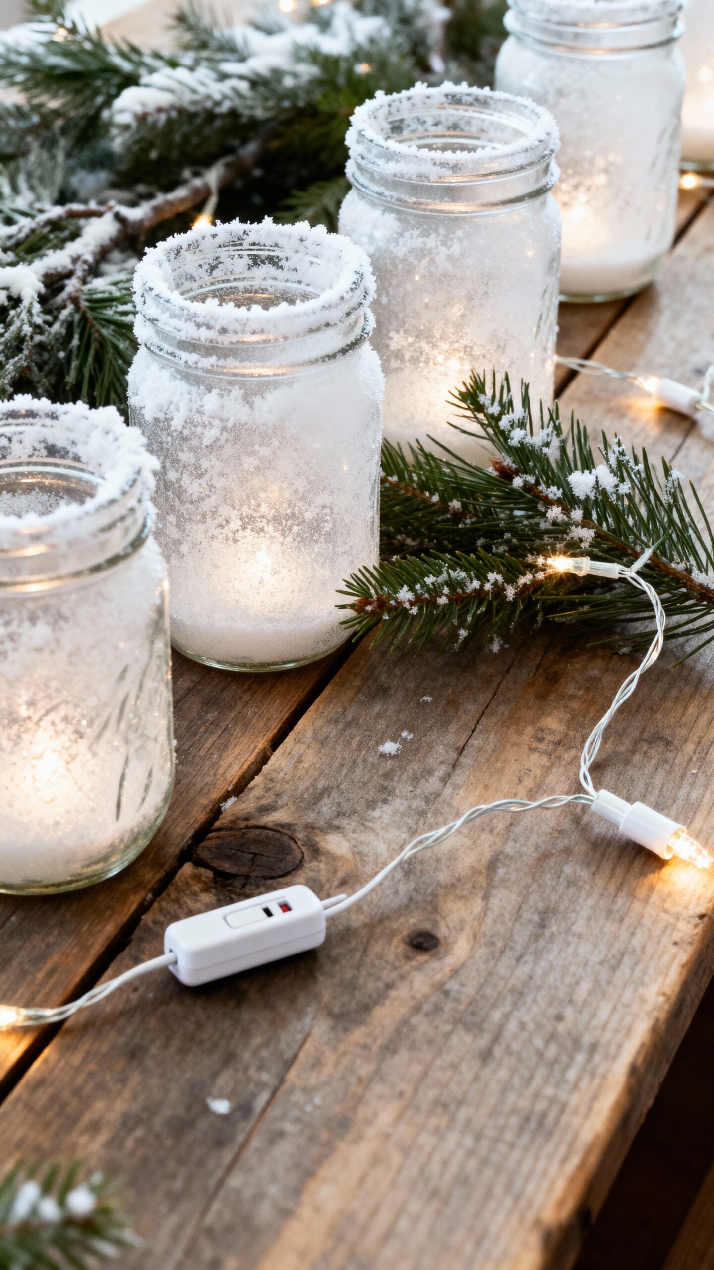 sophisticated snow dusted mason jar centerpieces