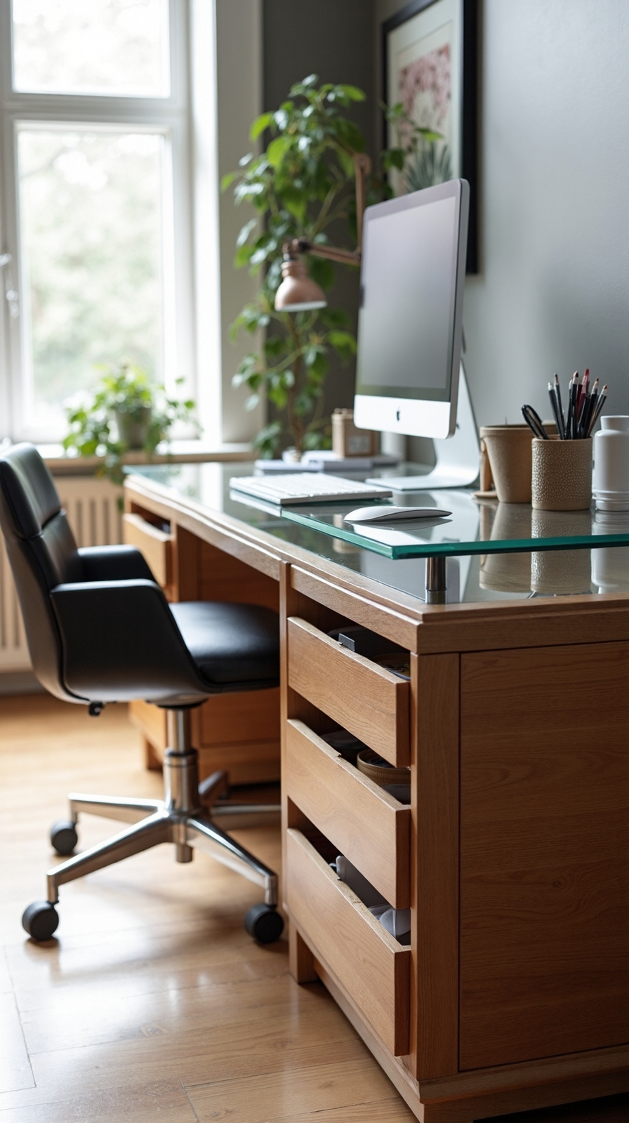 sophisticated storage in glass topped tables