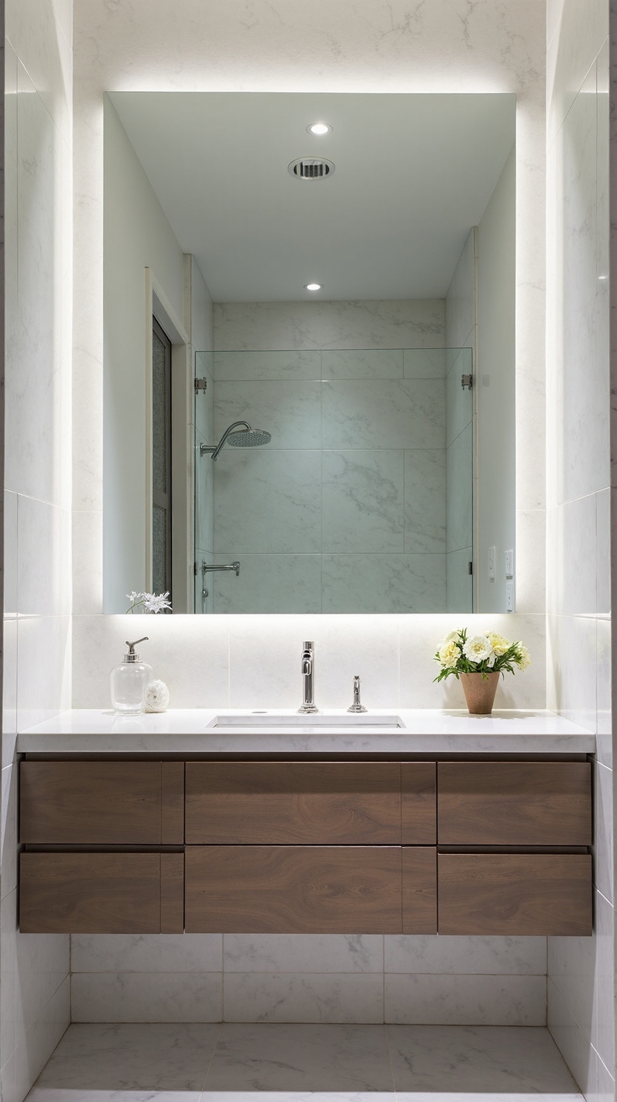 spacious bathroom illusion with large mirrors