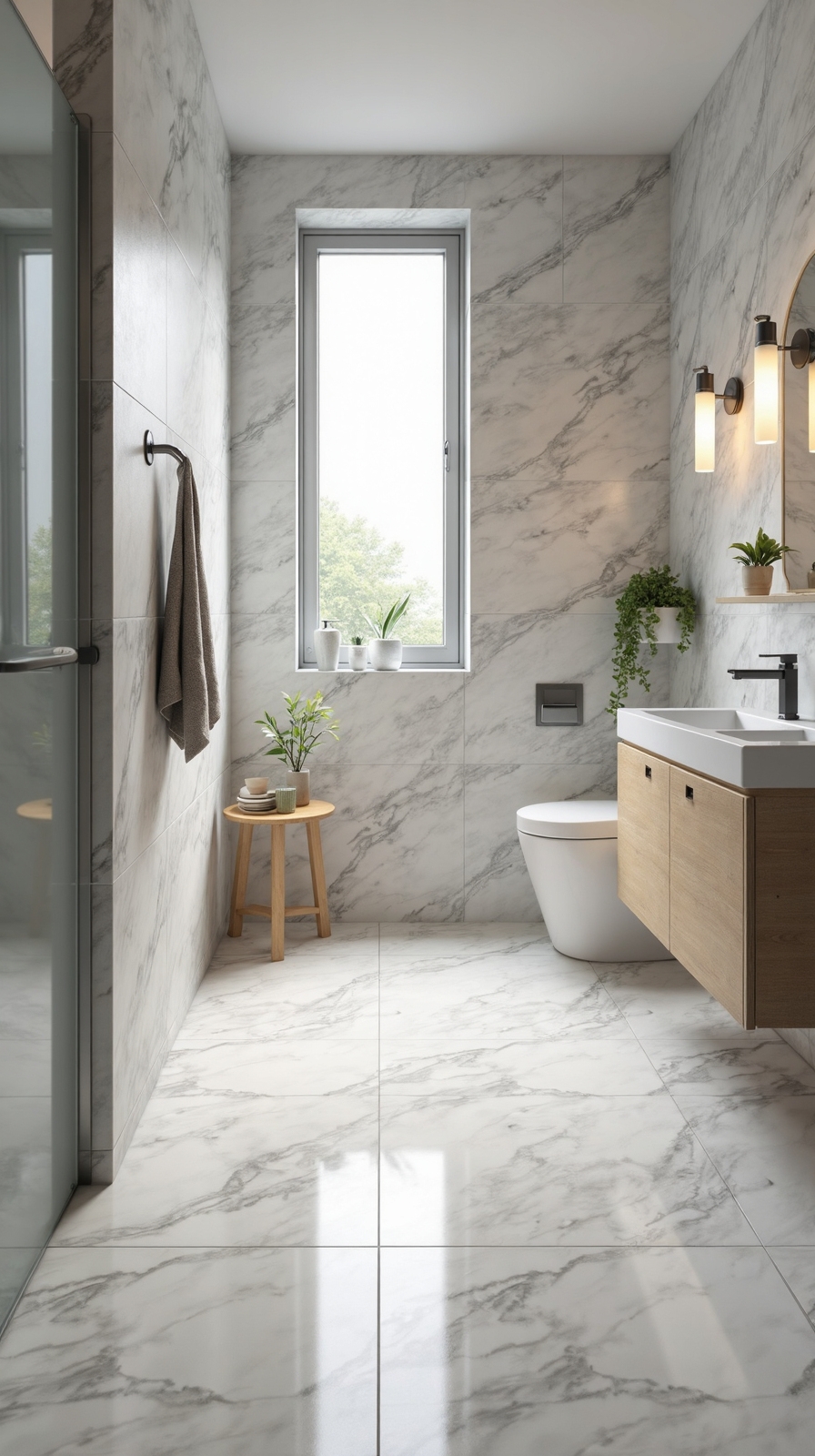 spacious minimalist seamless bathroom design