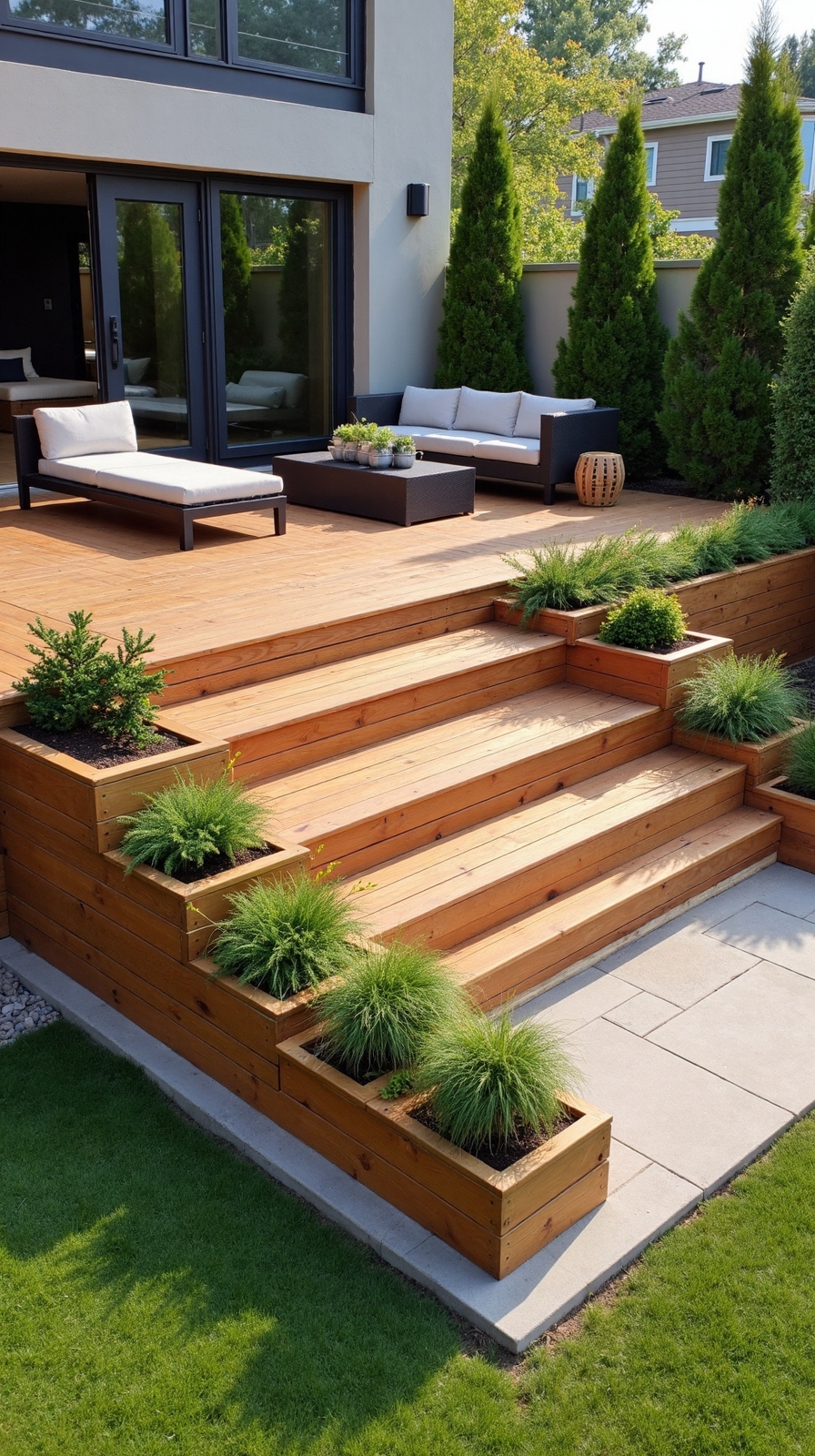 staggered patio planters optimizing sloped terrain