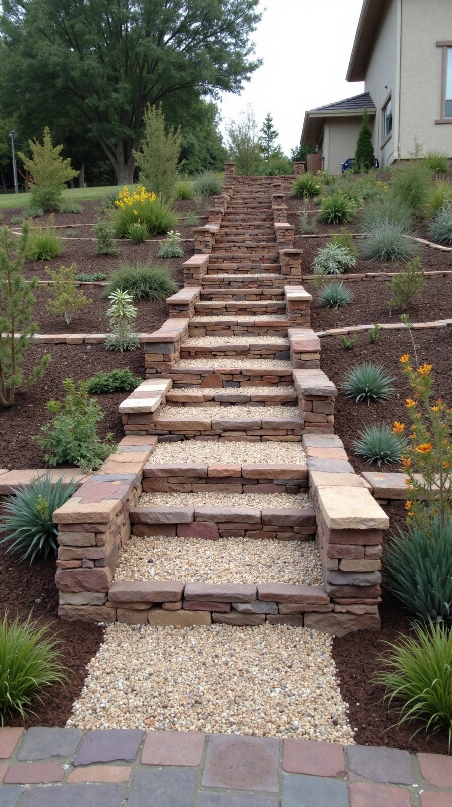 stepped gravel terraces transform sloped yards