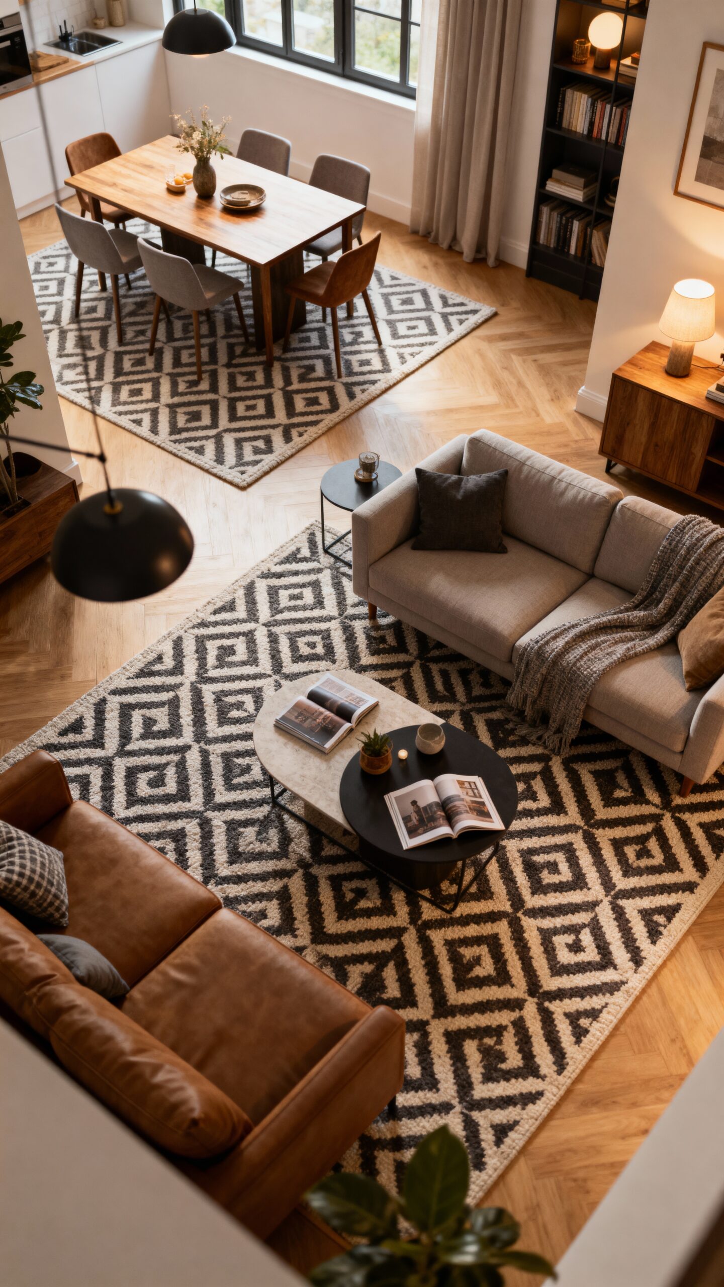 strategically define functional zones with rugs